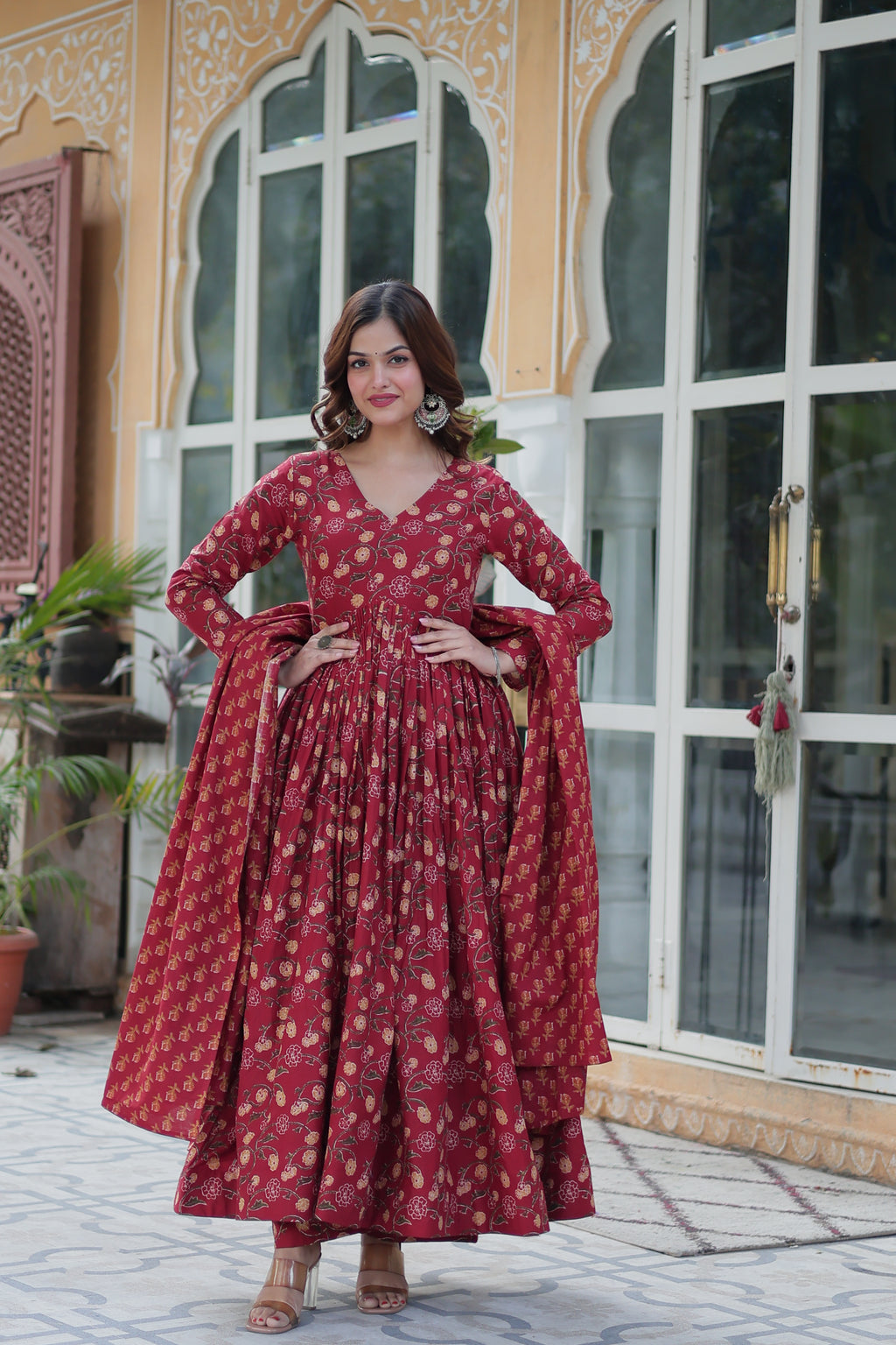 Maroon Printed Cotton Kurta Set For Women