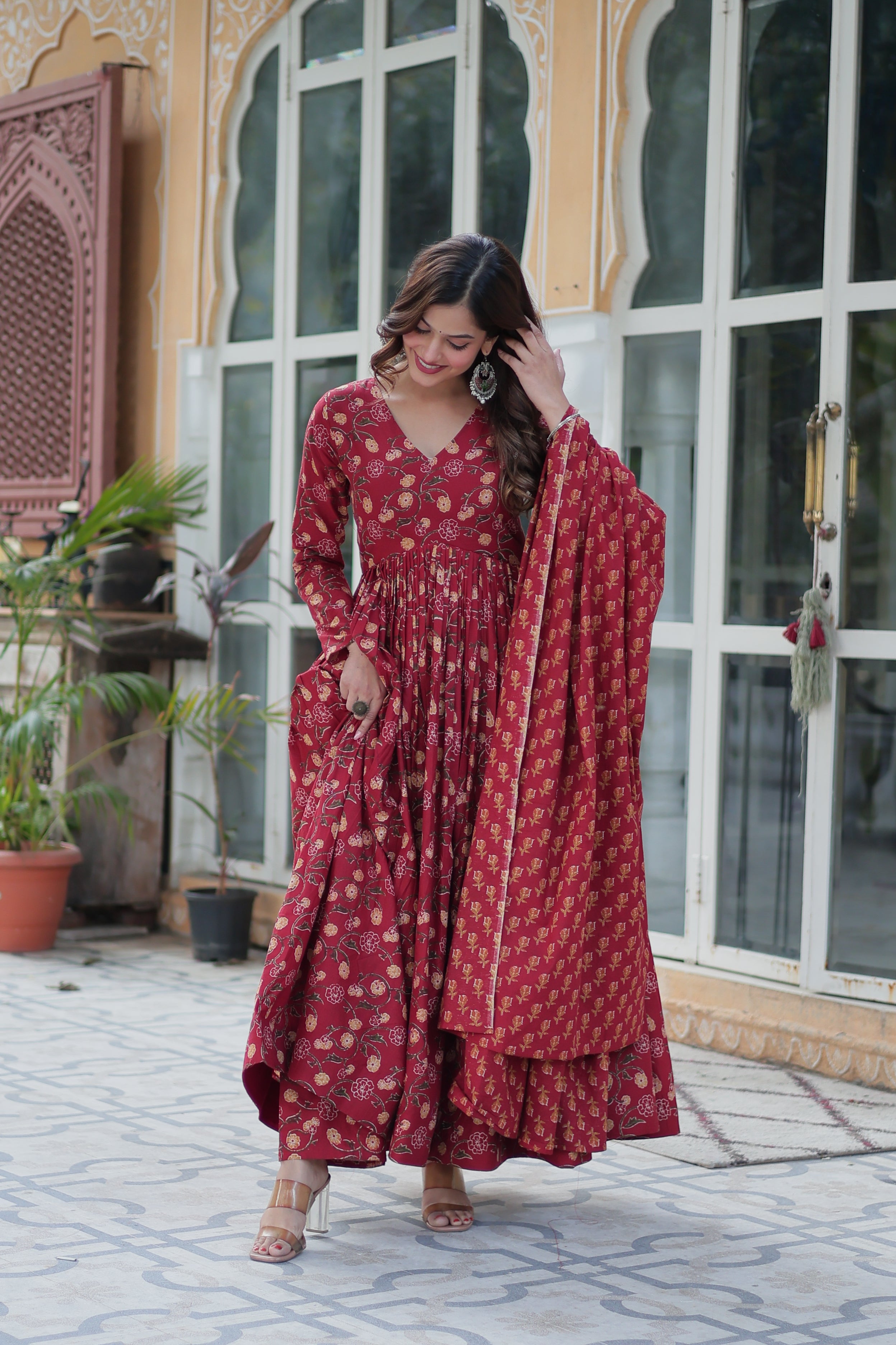 Maroon Printed Cotton Kurta Set For Women