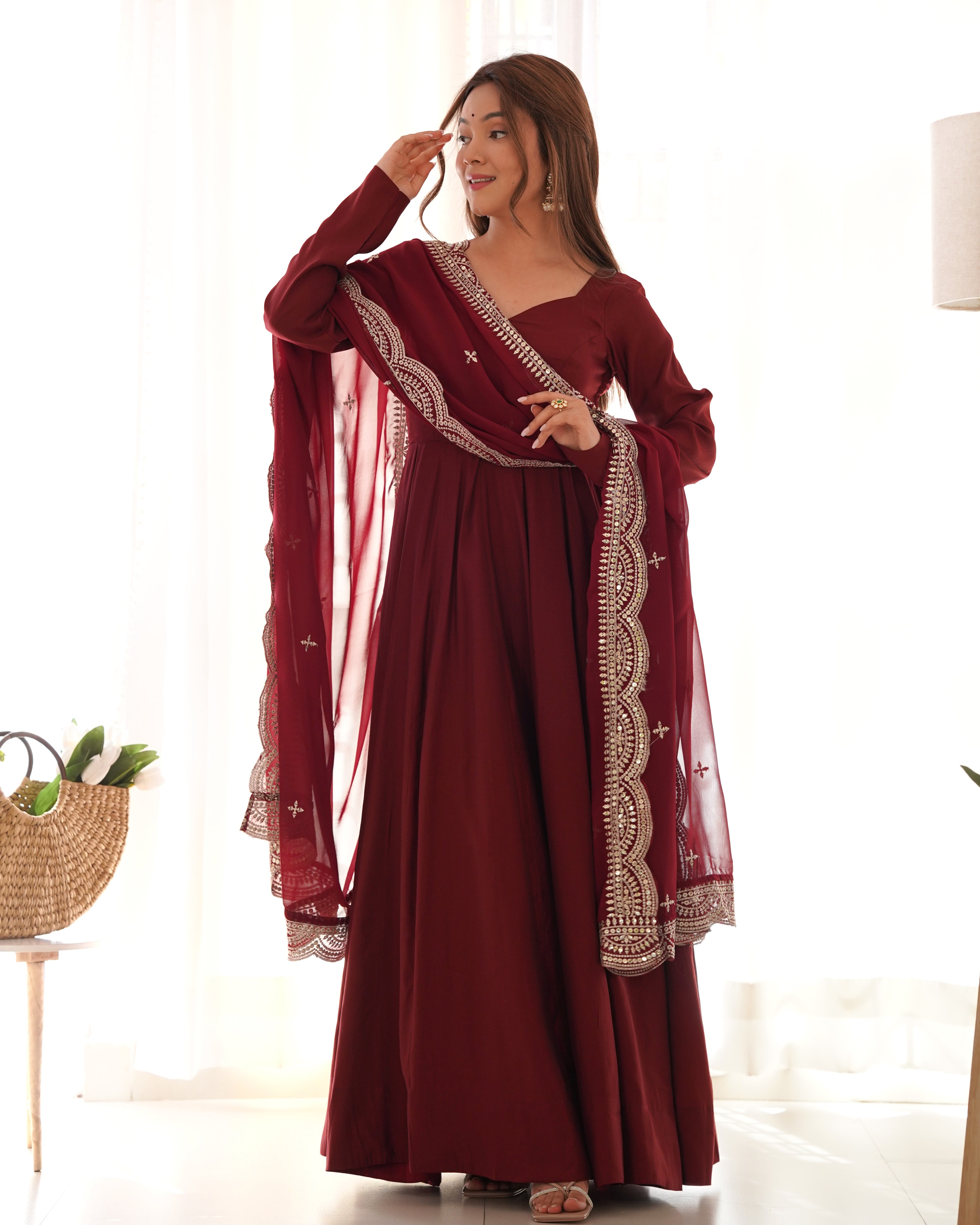 Maroon Silk Anarkali Suit With Dupatta 3