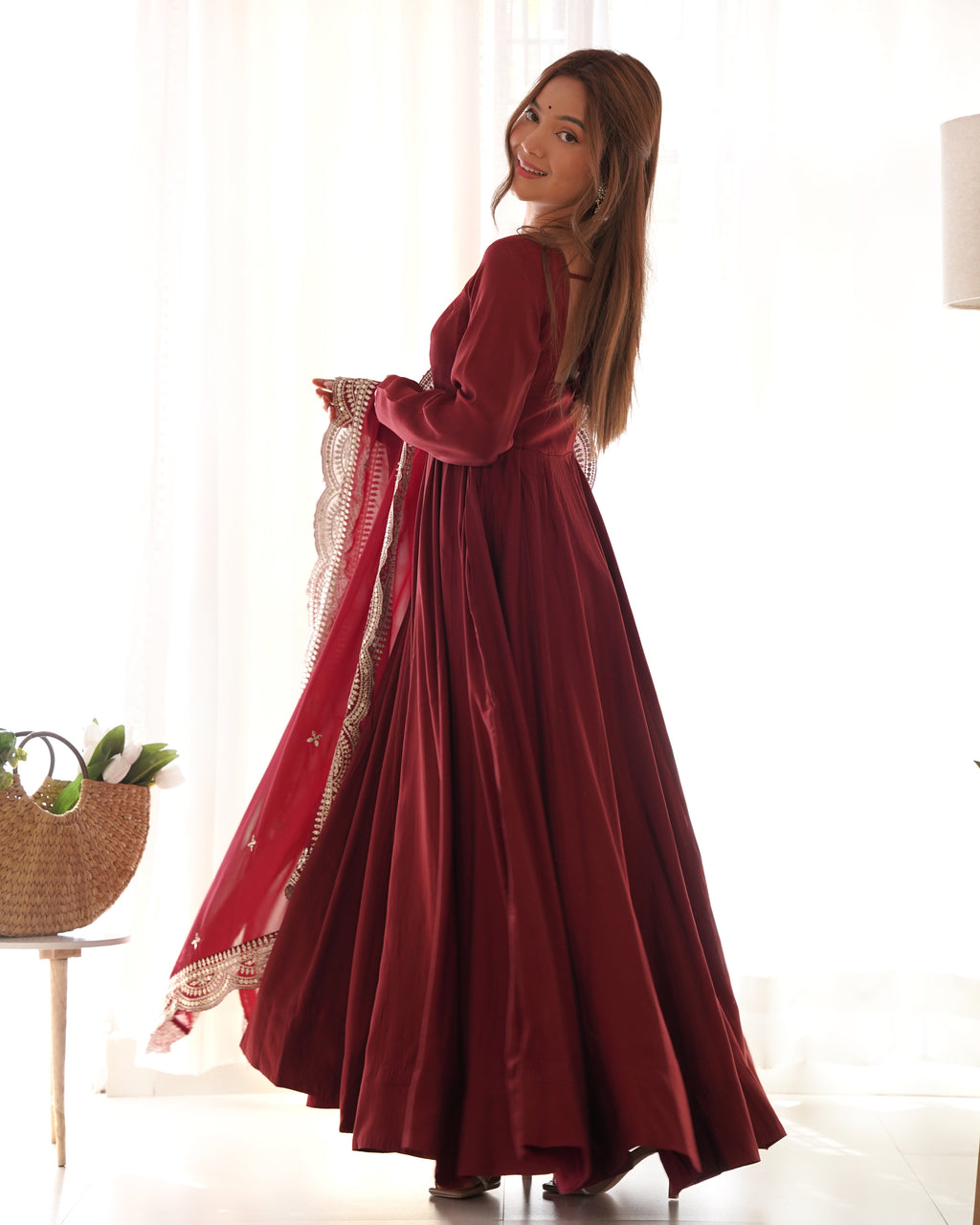Maroon Silk Anarkali Suit With Dupatta 4