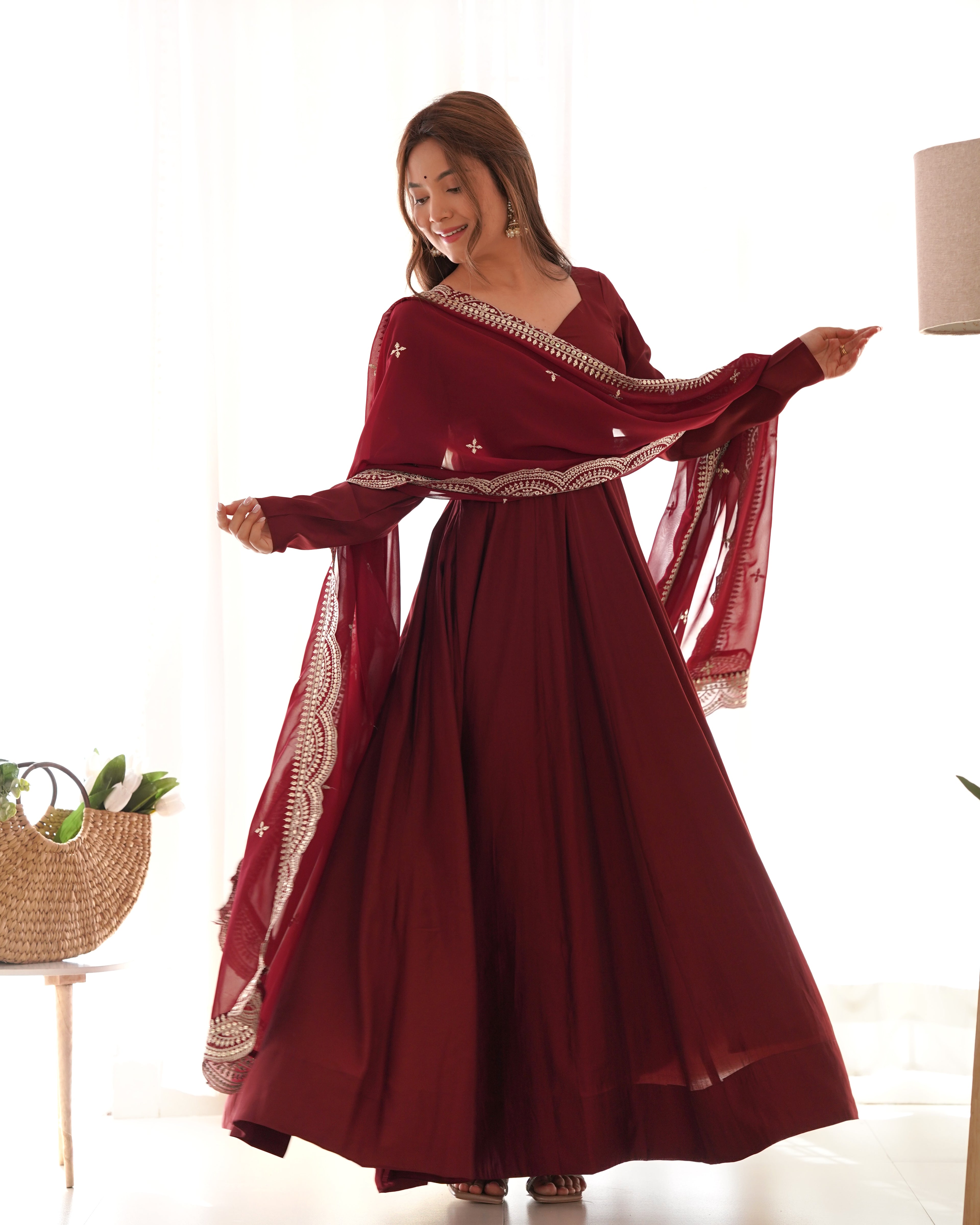 Maroon Silk Anarkali Suit With Dupatta 5
