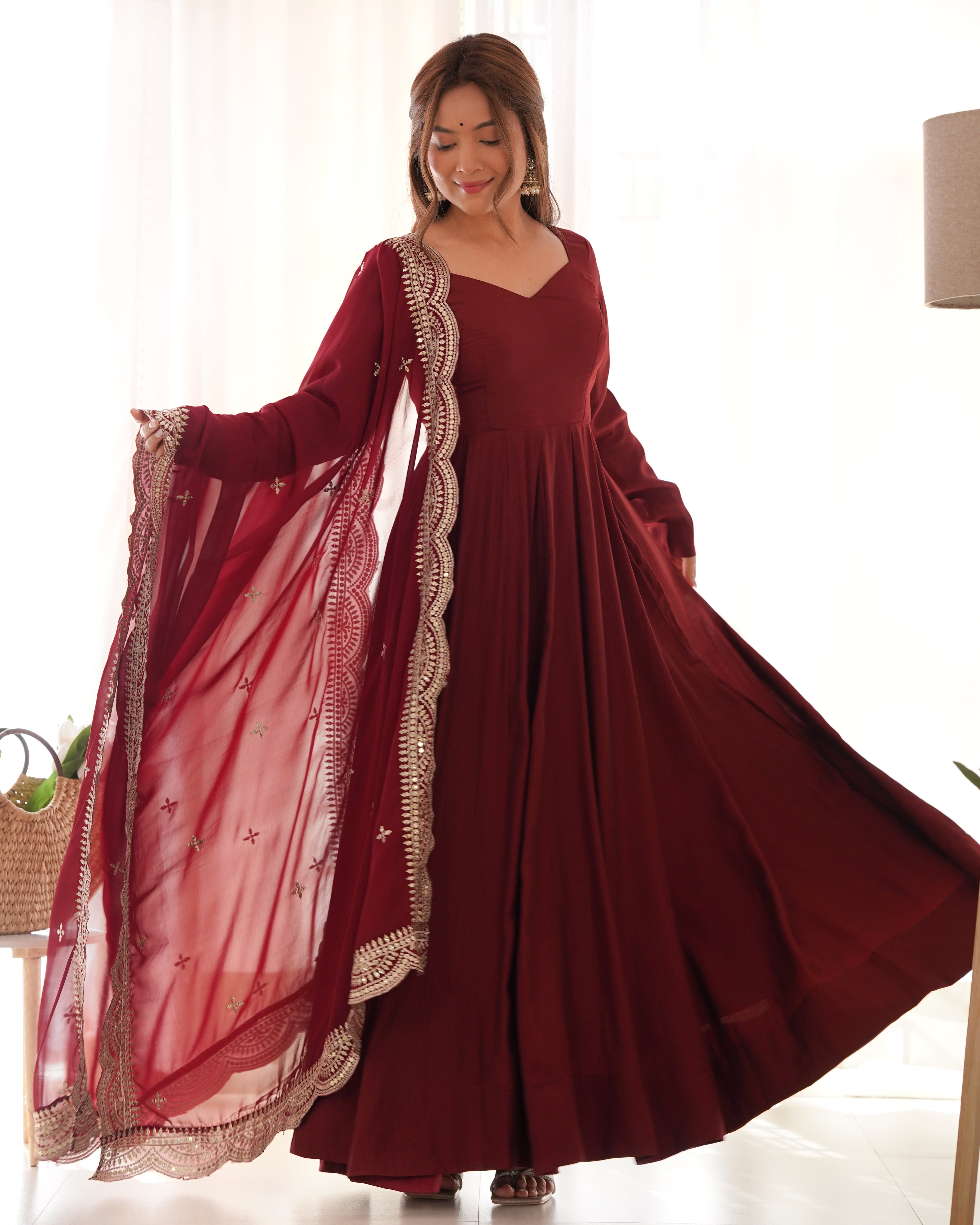 Maroon Silk Anarkali Suit With Dupatta main