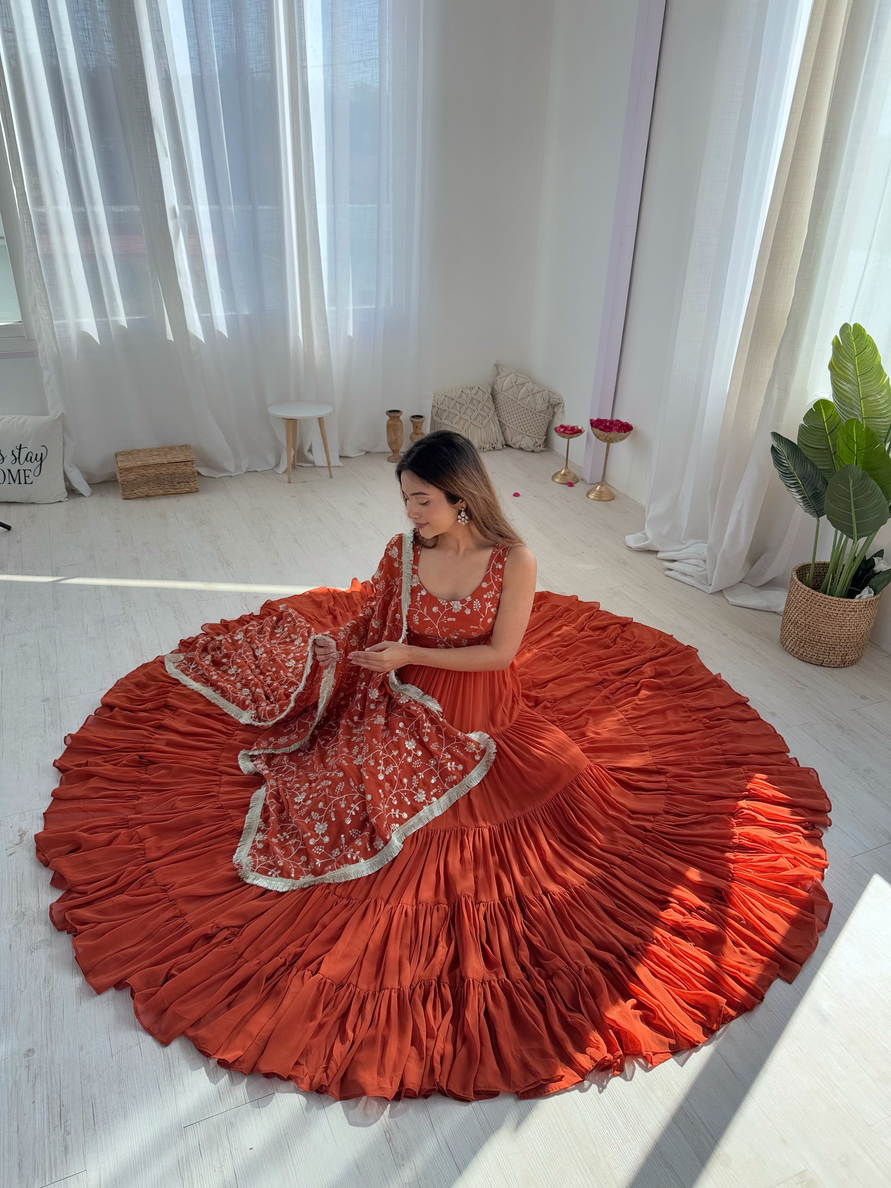 Orange Georgette Anarkali Suit with Dupatta -11