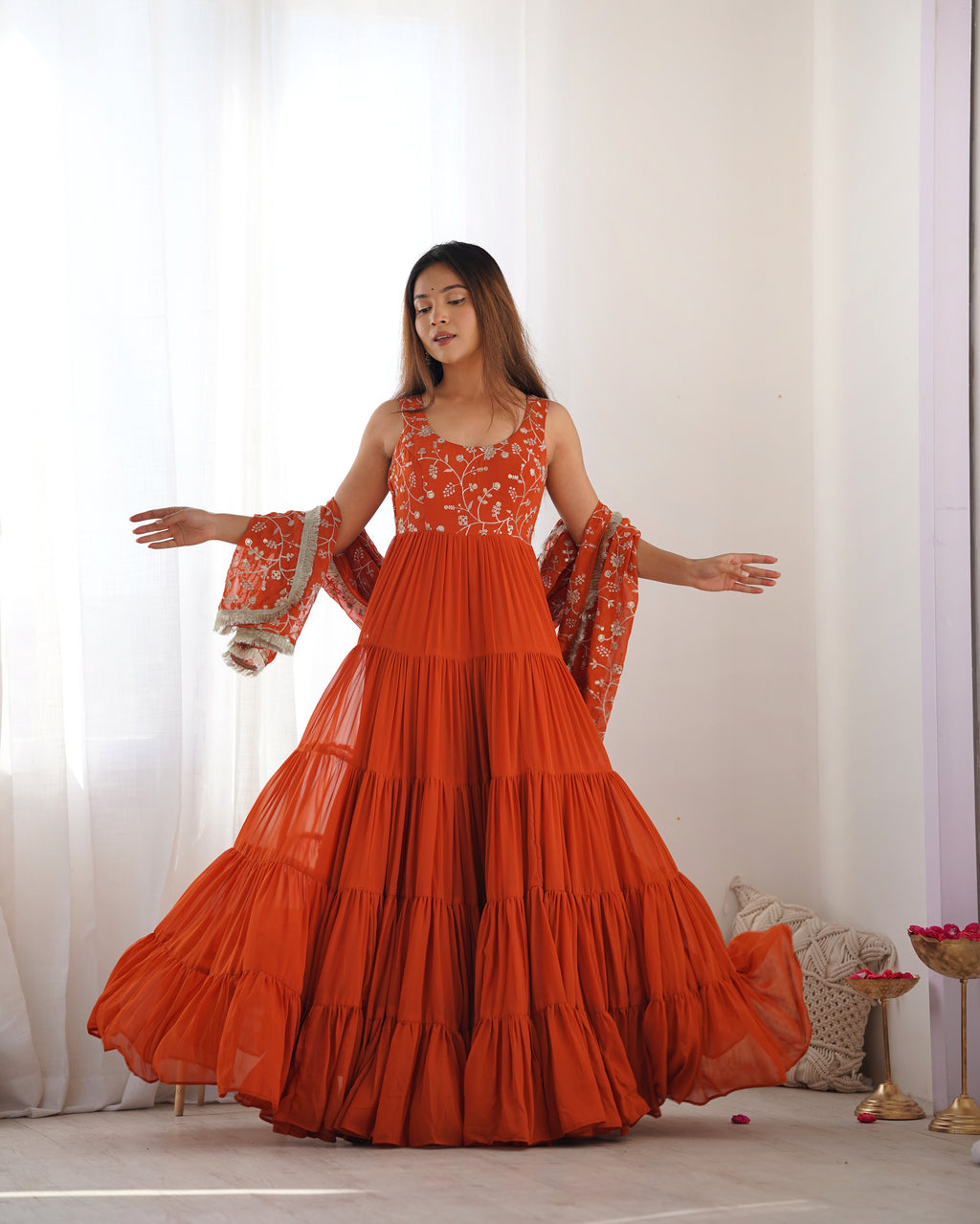Orange Georgette Anarkali Suit with Dupatta -5