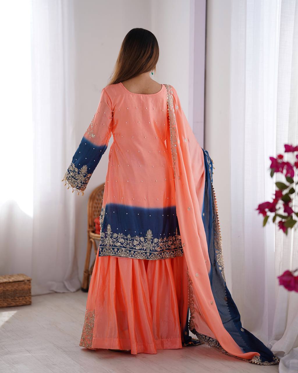 Peach Chinnon Sharara Suit