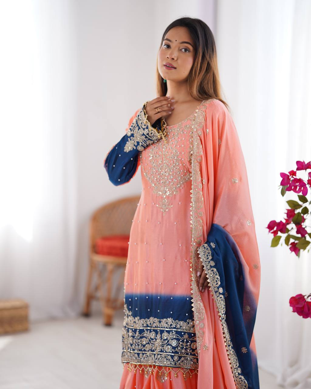 Peach Chinnon Sharara Suit