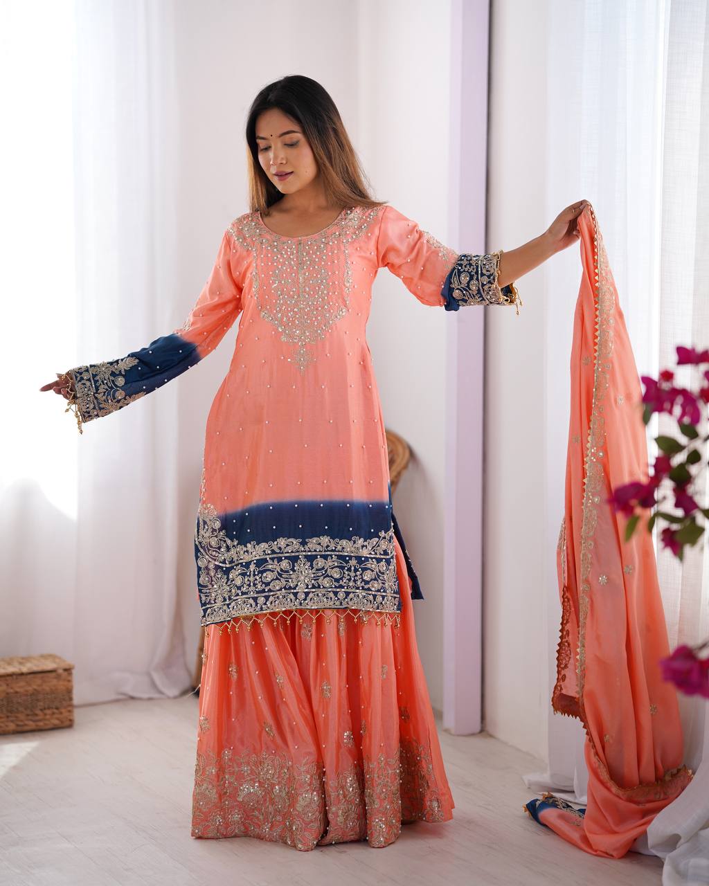 Peach Chinnon Sharara Suit