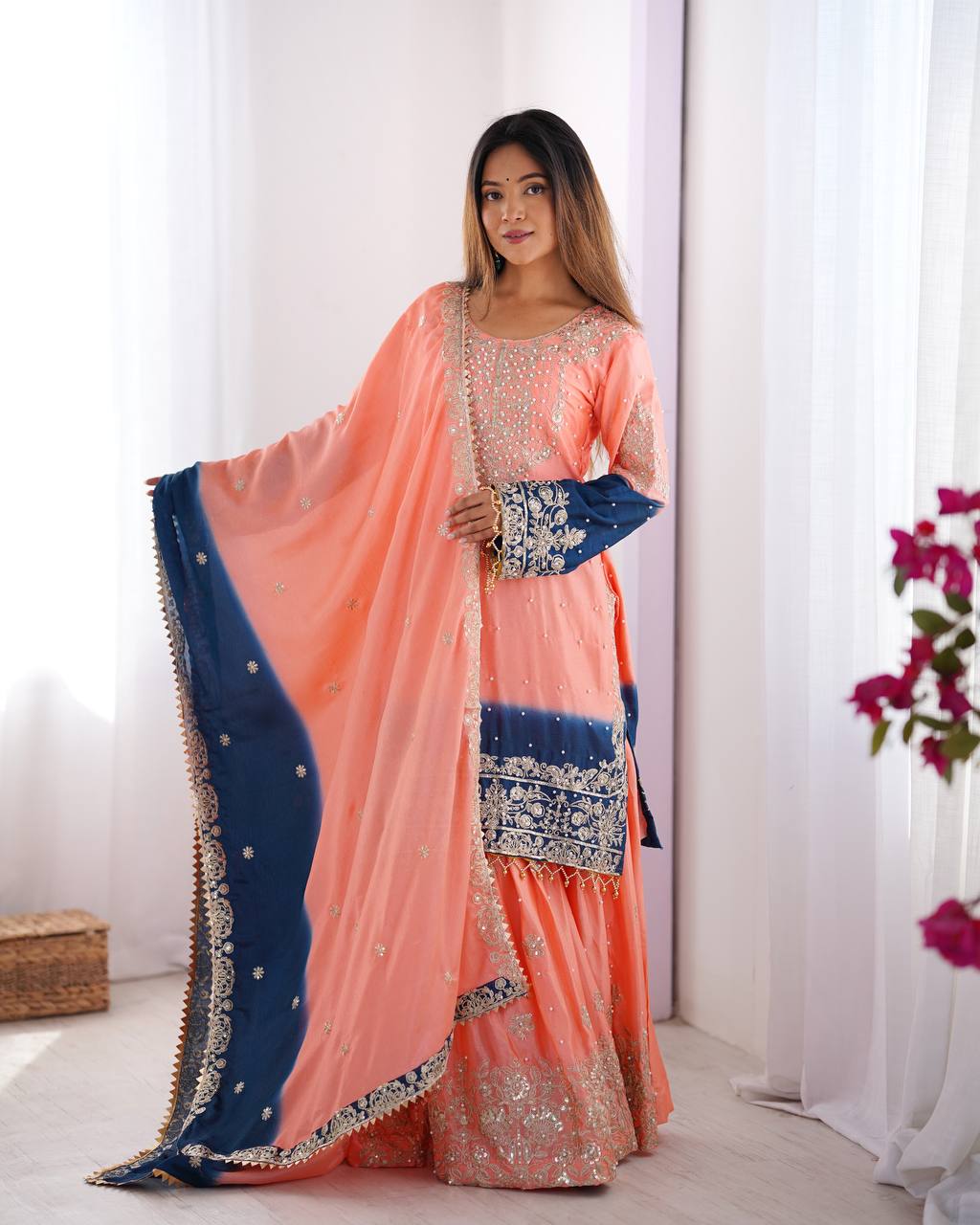 Peach Chinnon Sharara Suit