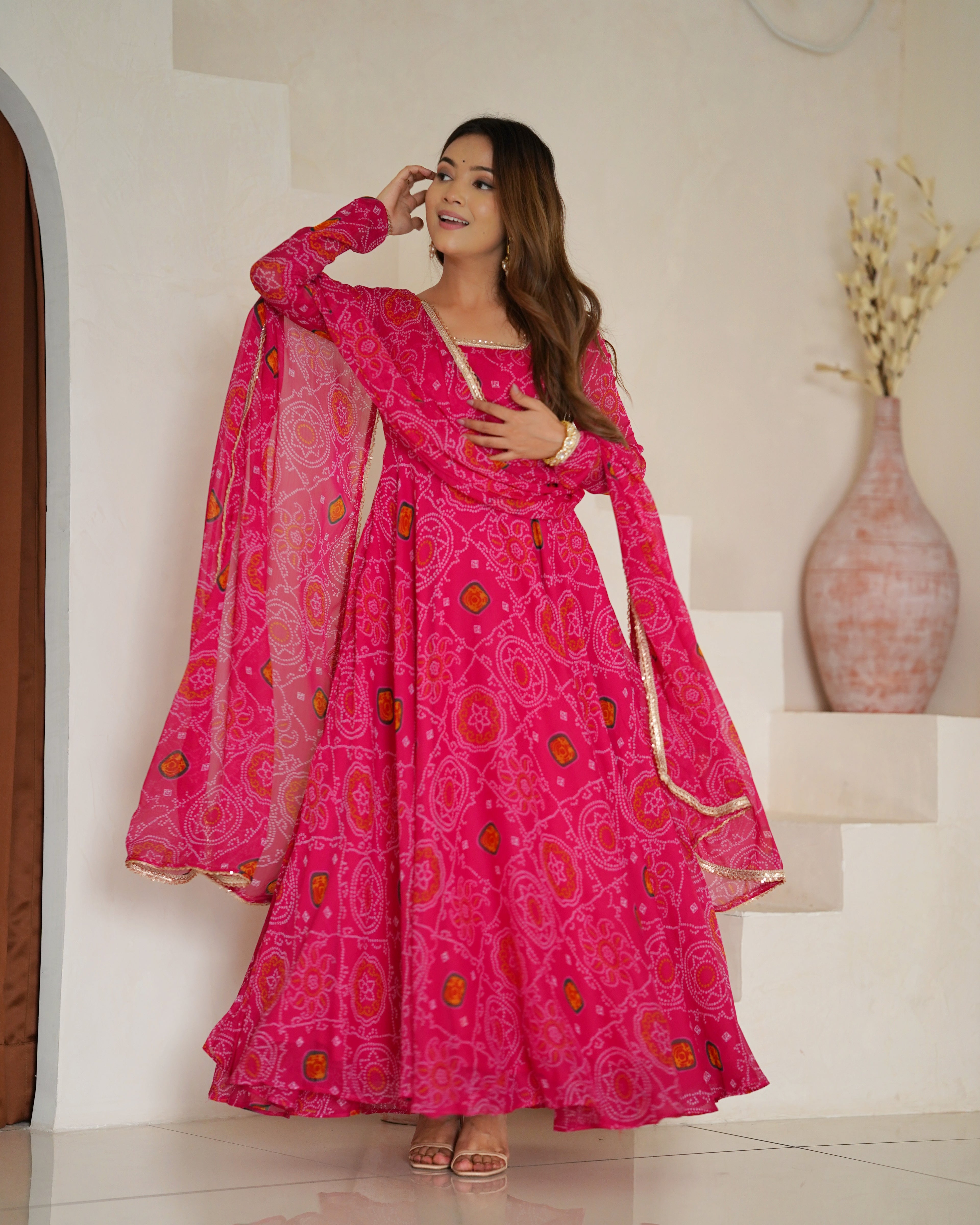 Pink Bandhani Printed Anarkali Suit 8