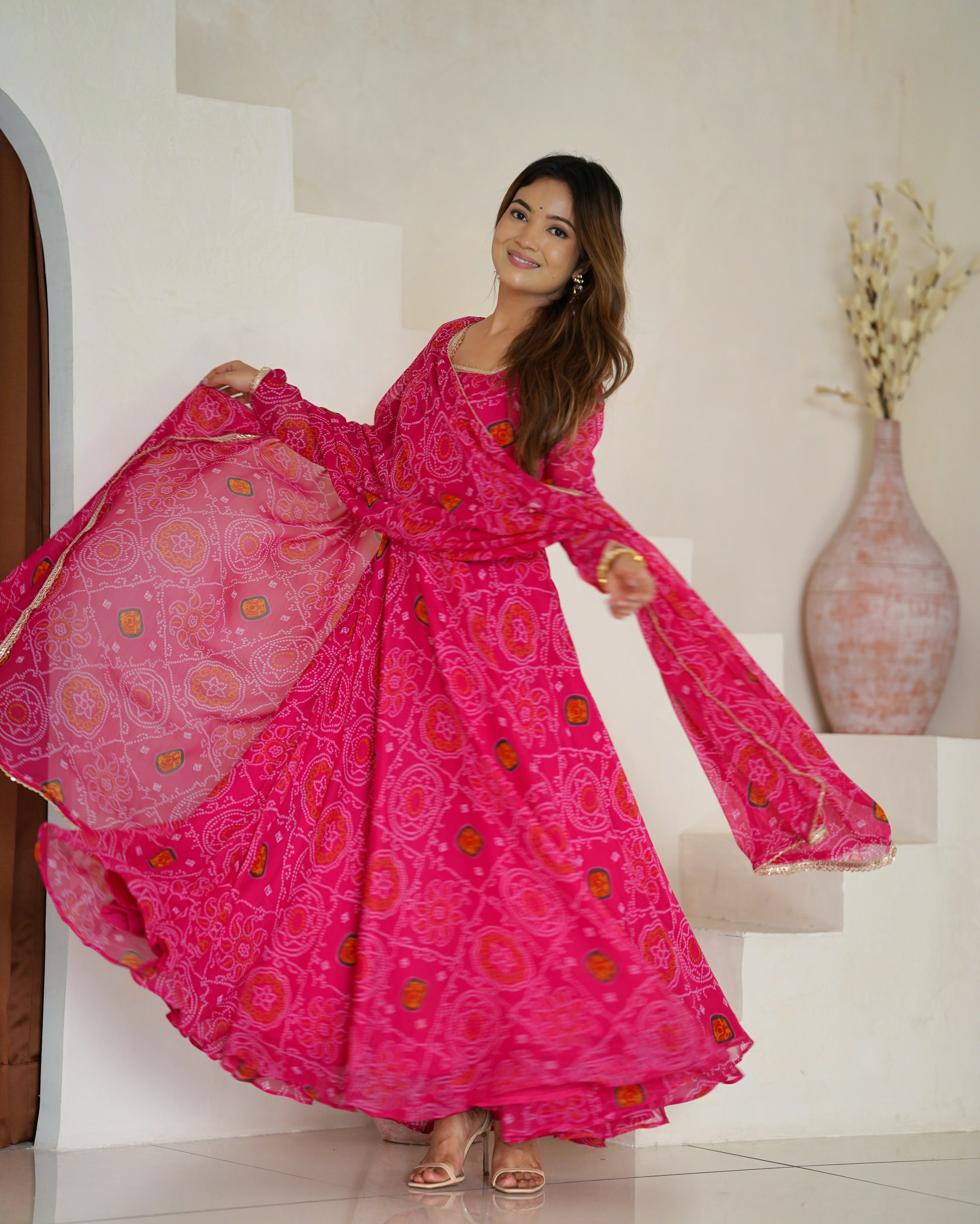 Pink Bandhani Printed Anarkali Suit 9