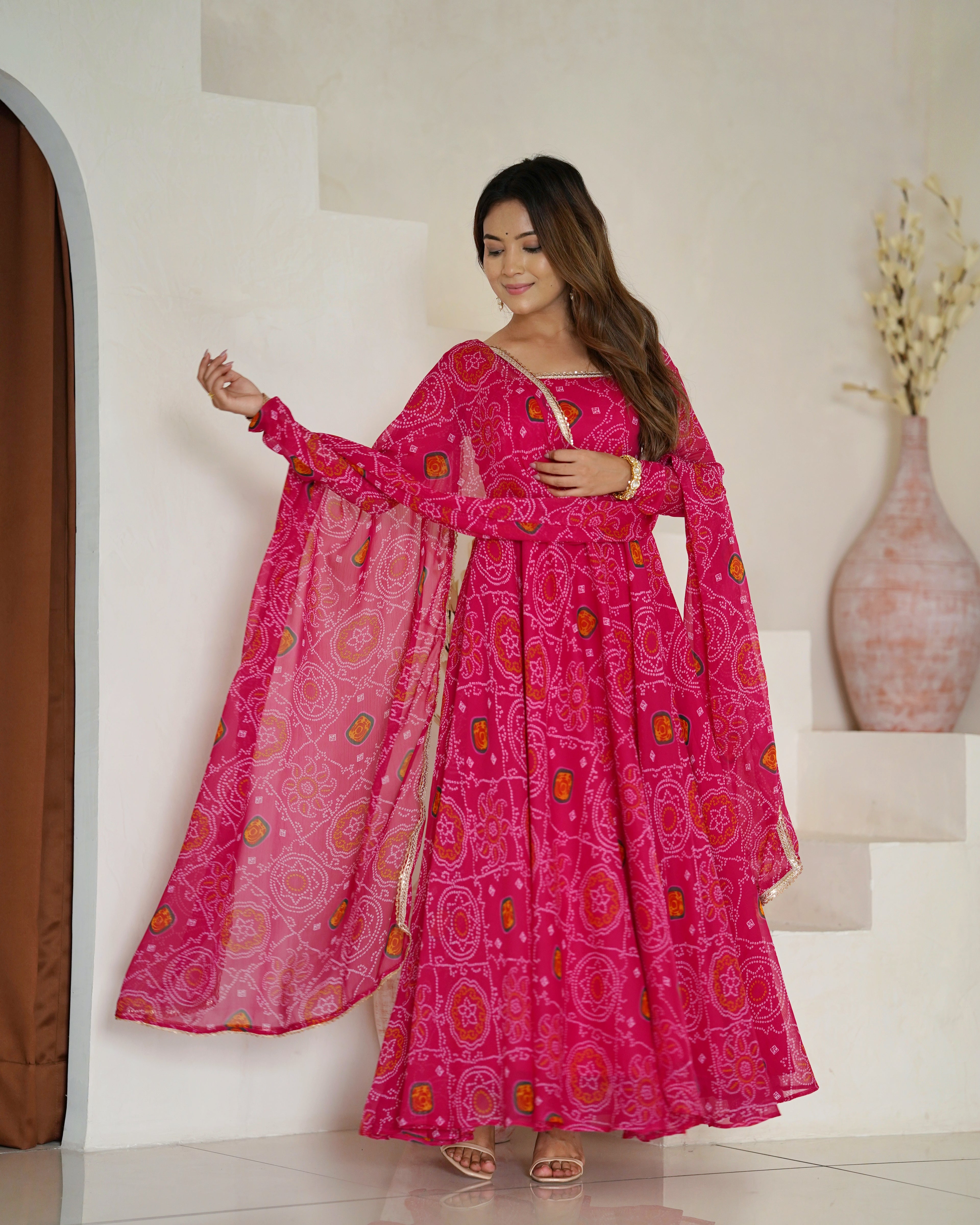 Pink Bandhani Printed Anarkali Suit main