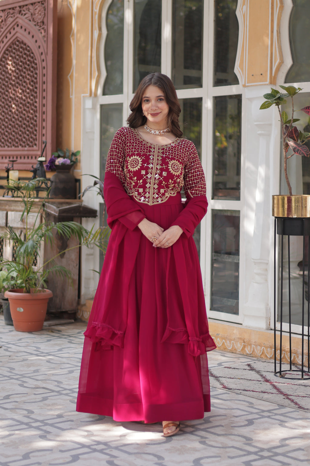 Pink Georgette Embroidered Ethnic Wear Dress