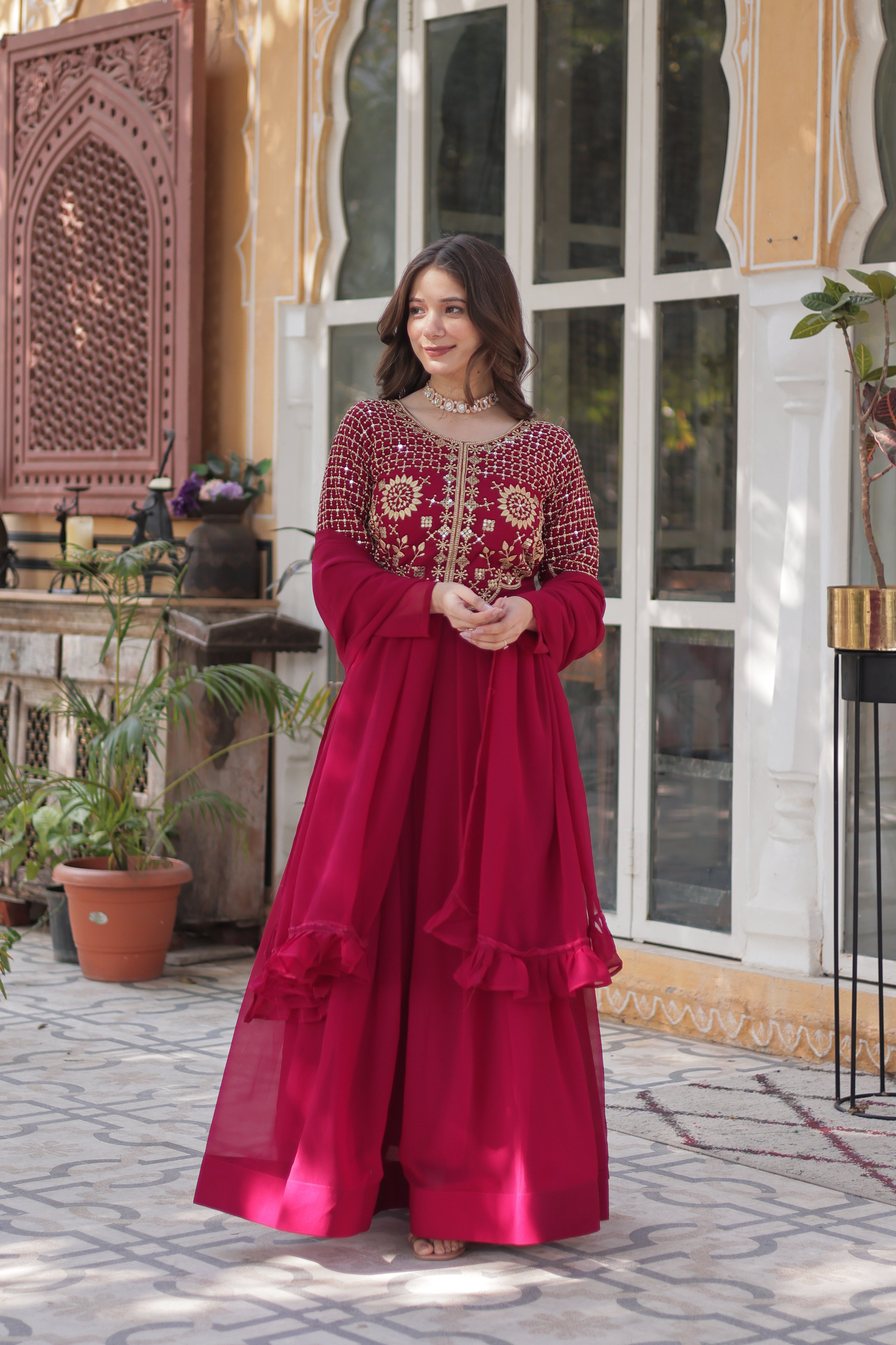 Pink Georgette Embroidered Ethnic Wear Dress