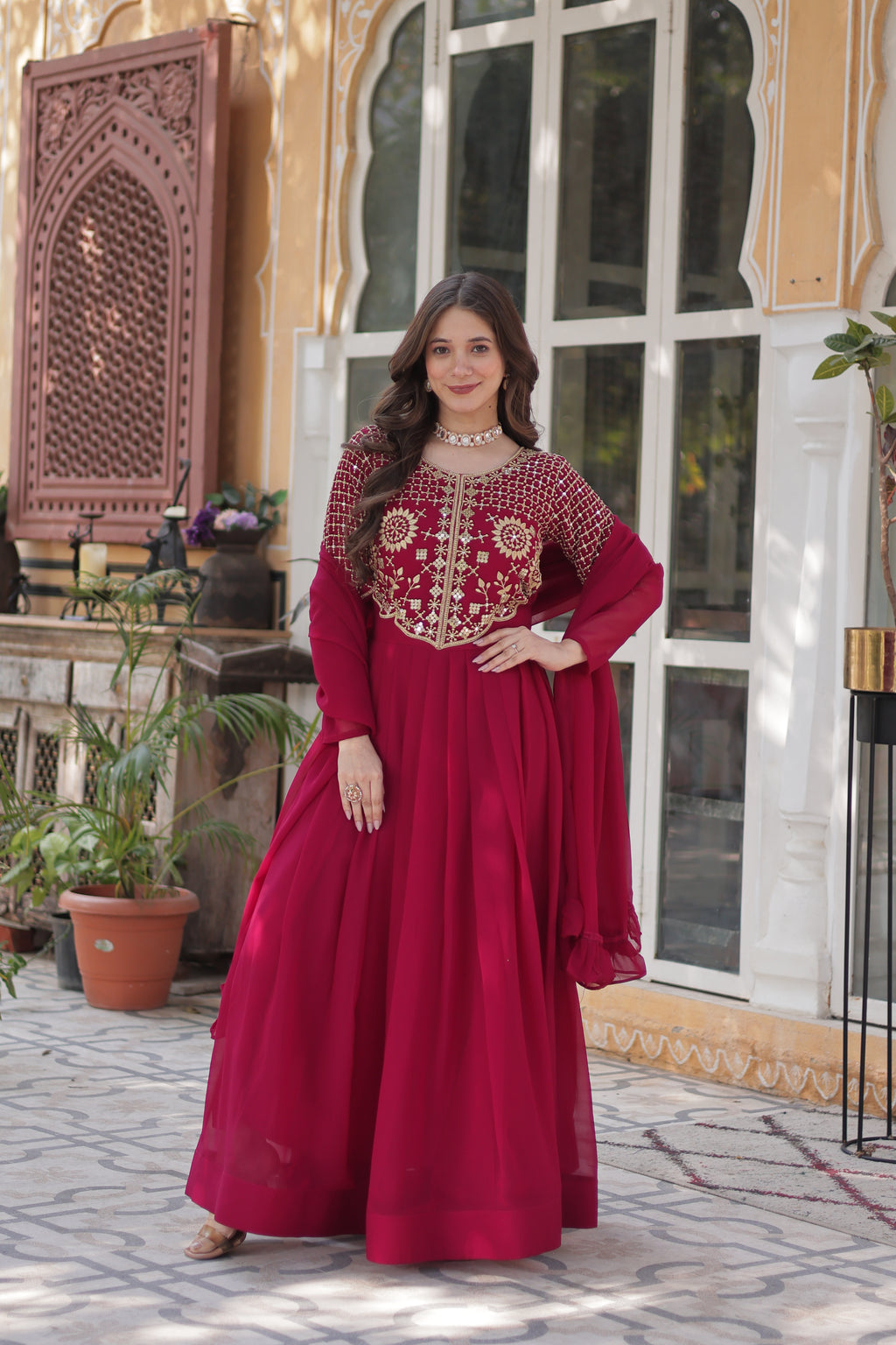 Pink Georgette Embroidered Ethnic Wear Dress
