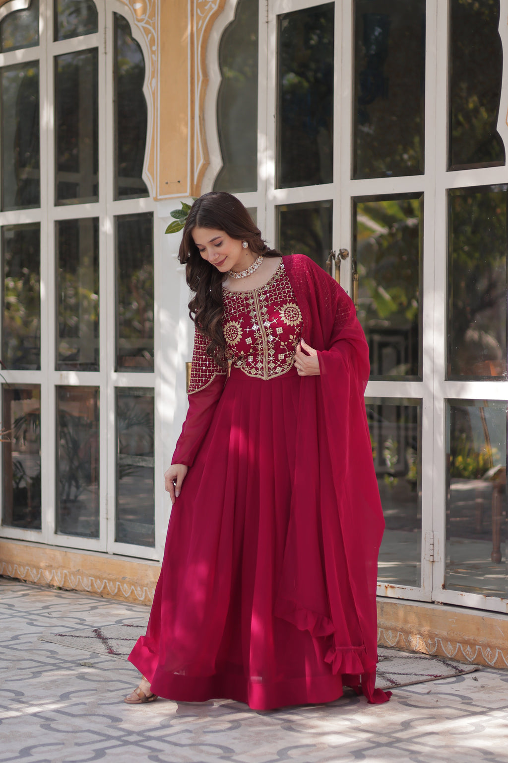 Pink Georgette Embroidered Ethnic Wear Dress