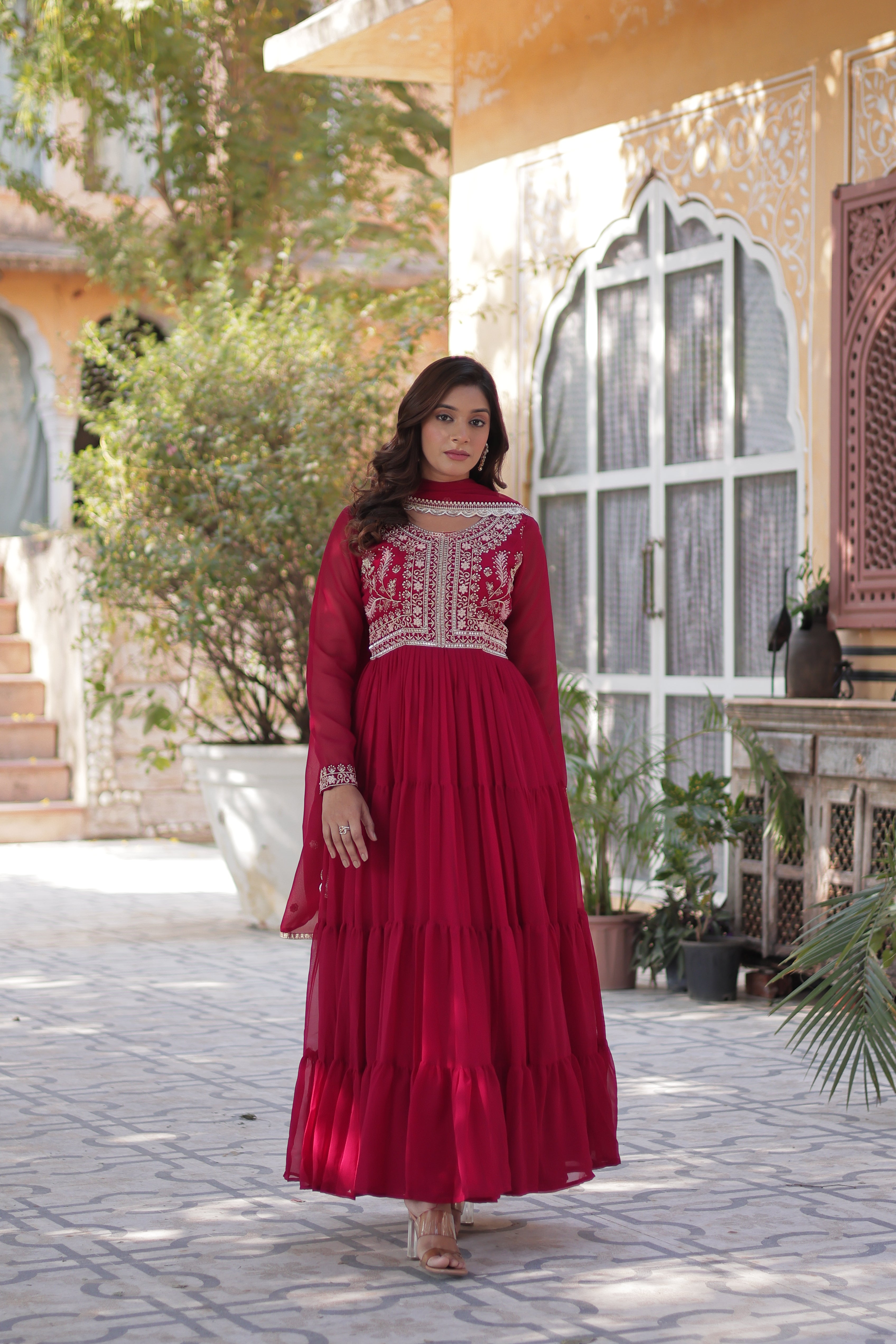 Pink Georgette Embroidered Gown With Dupatta