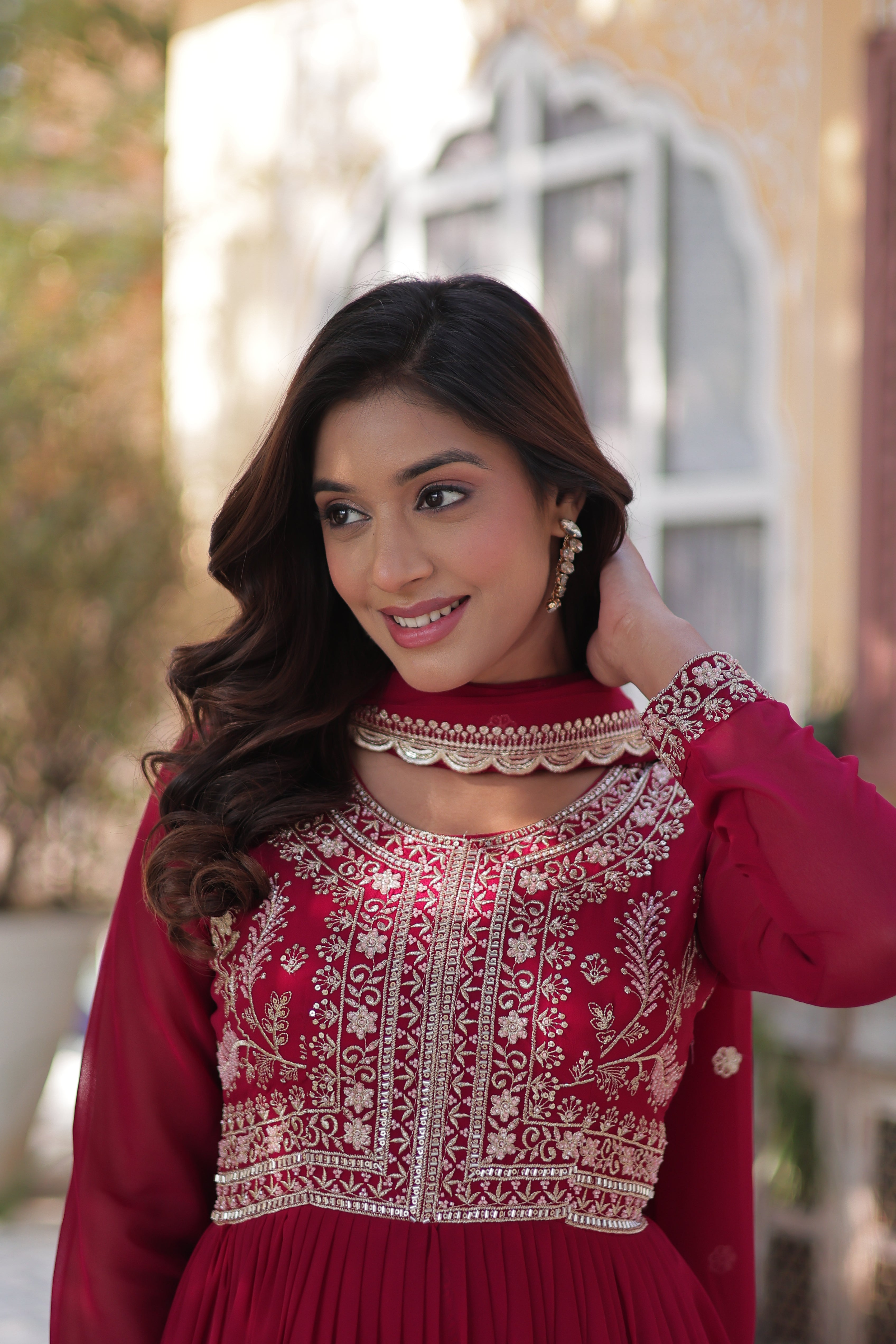 Pink Georgette Embroidered Gown With Dupatta