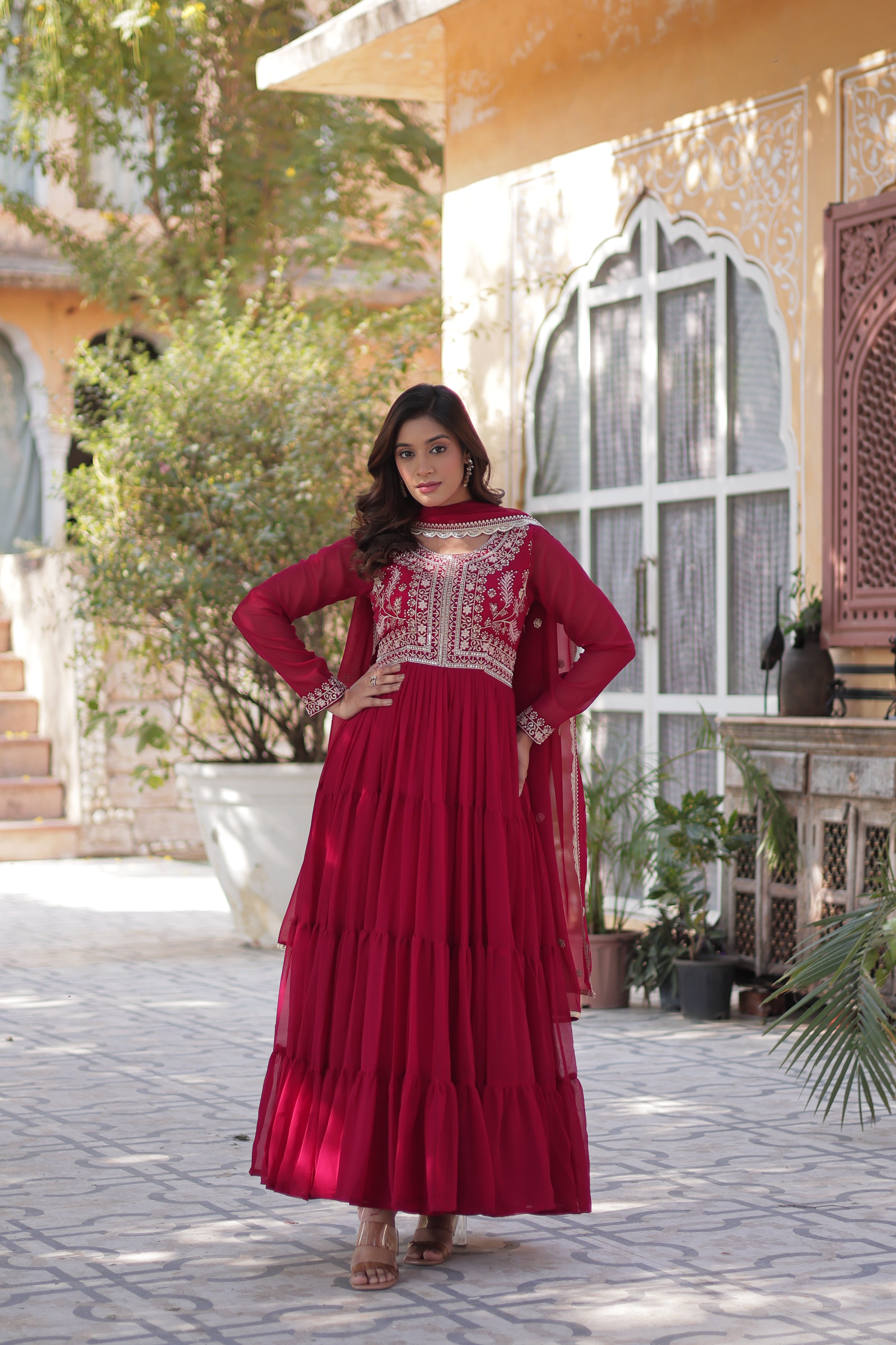 Pink Georgette Embroidered Gown With Dupatta