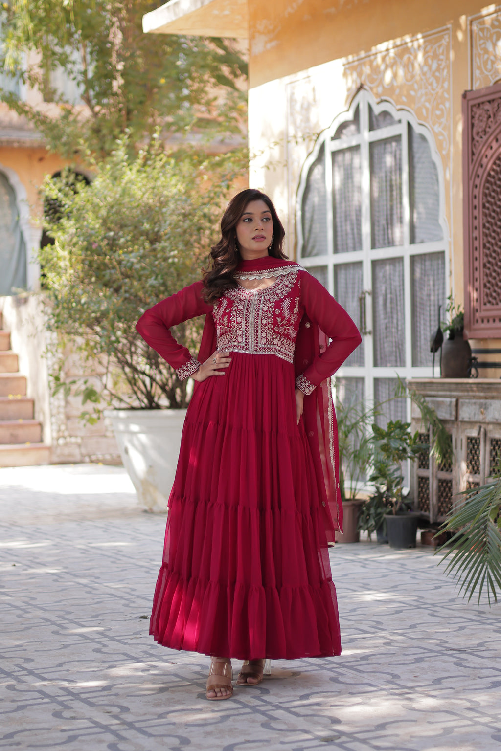 Pink Georgette Embroidered Gown With Dupatta