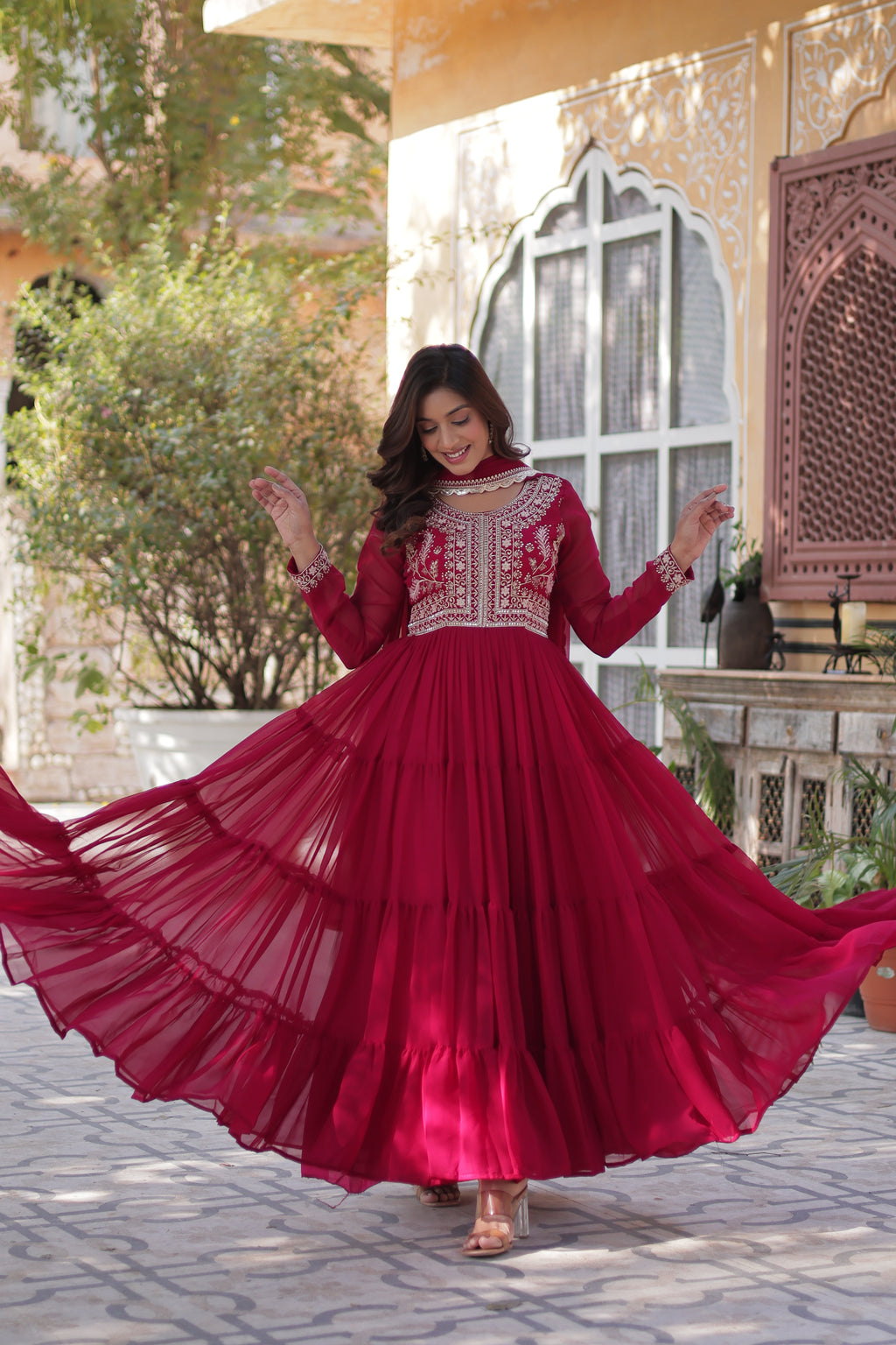 Pink Georgette Embroidered Gown With Dupatta