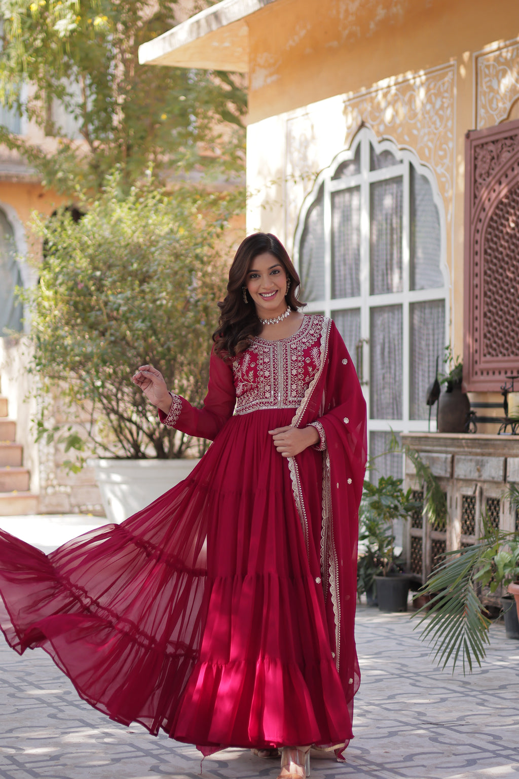 Pink Georgette Embroidered Gown With Dupatta