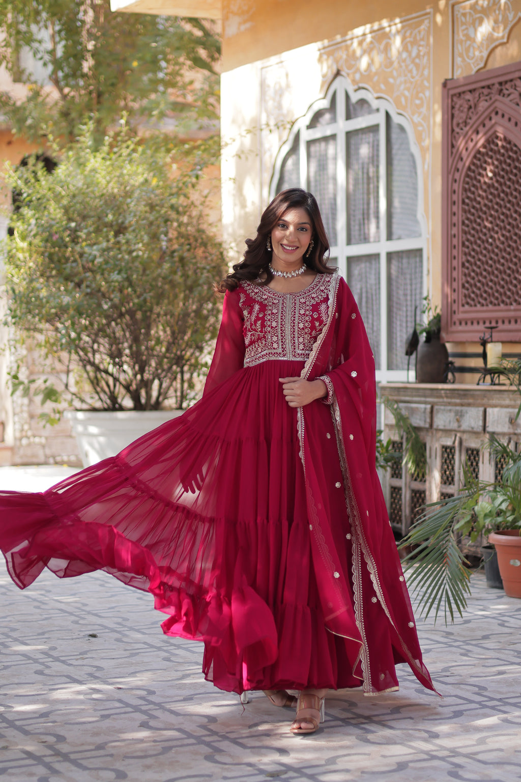 Pink Georgette Embroidered Gown With Dupatta