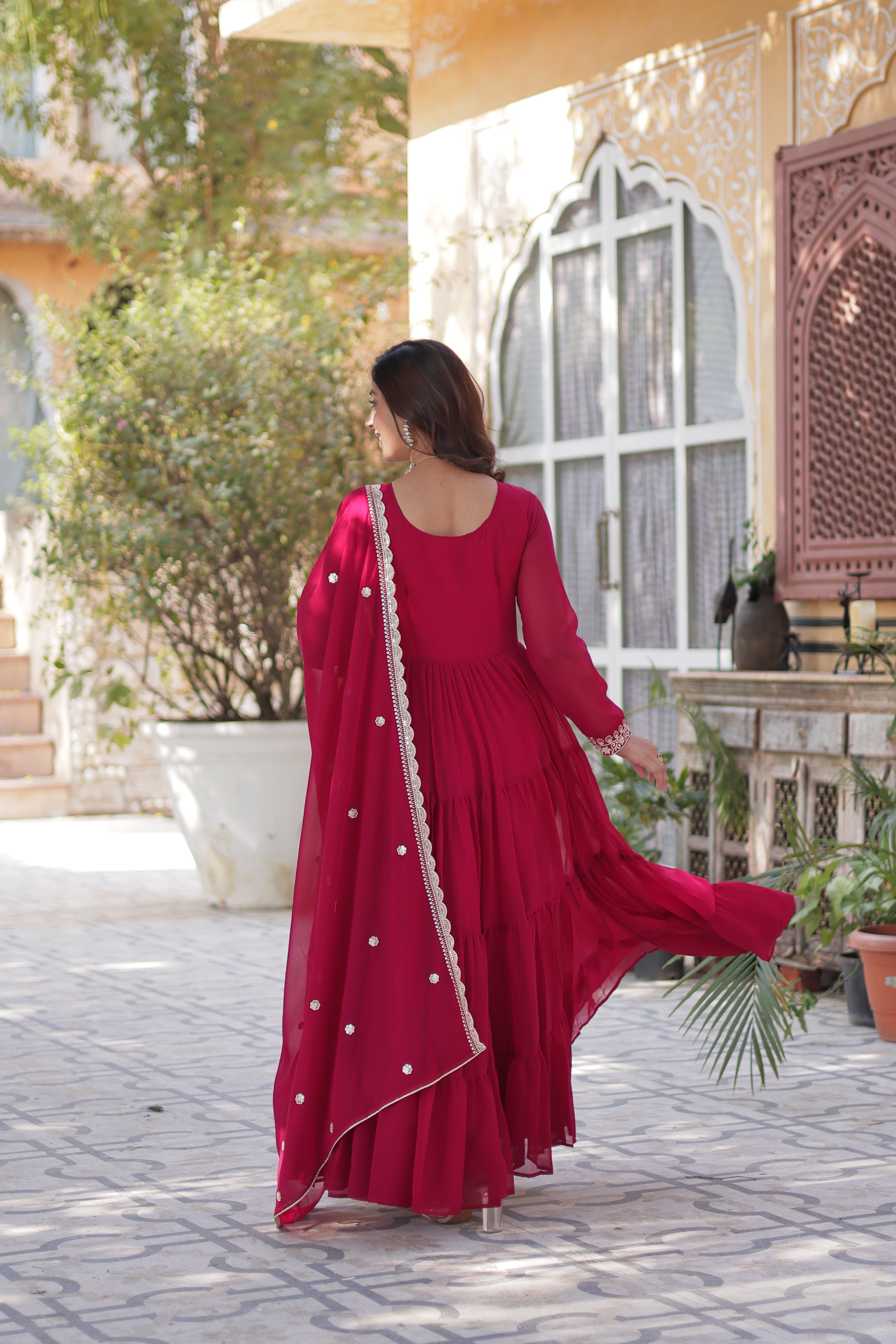 Pink Georgette Embroidered Gown With Dupatta