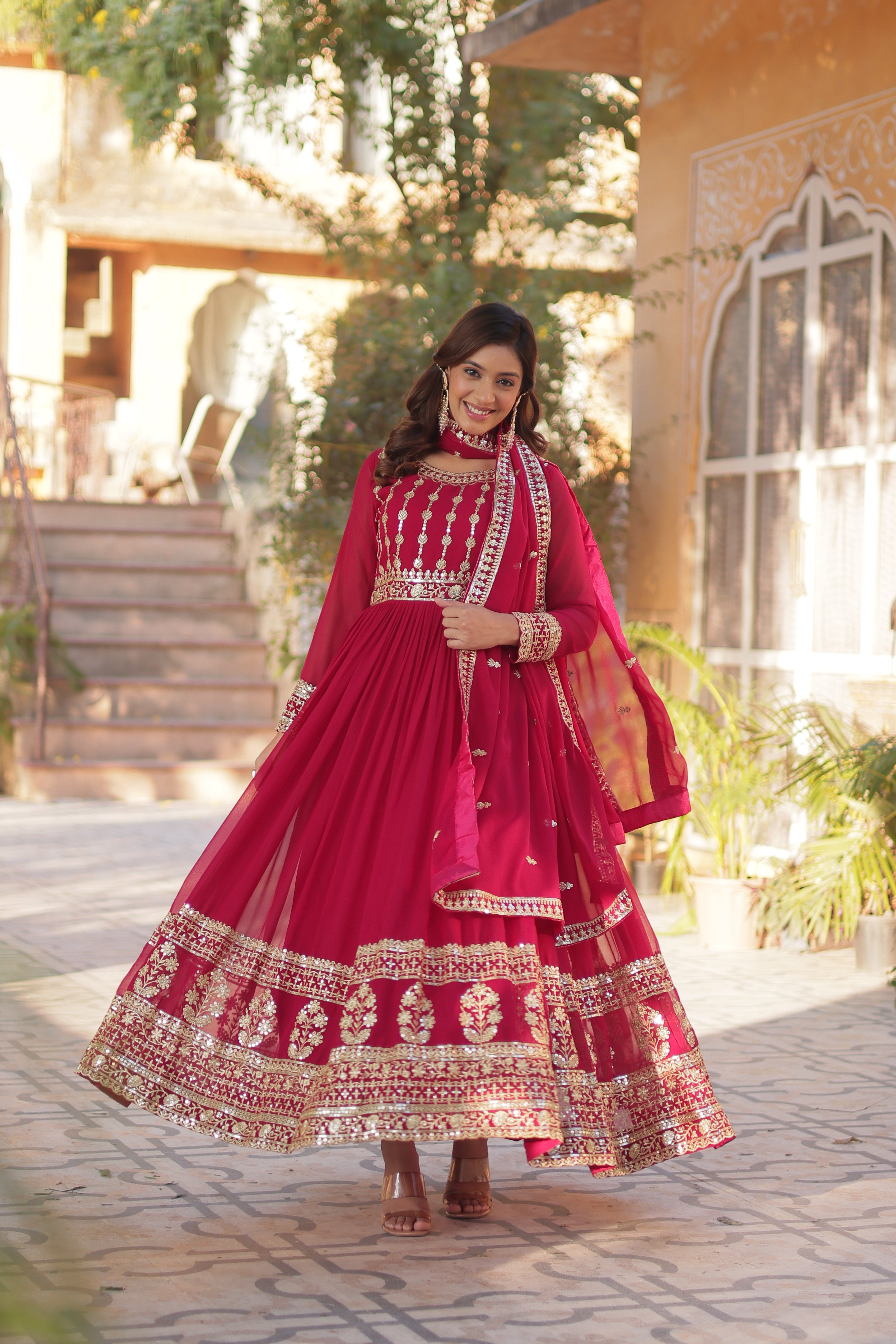 Pink Georgette Embroidery Maxi Ethnic Gown