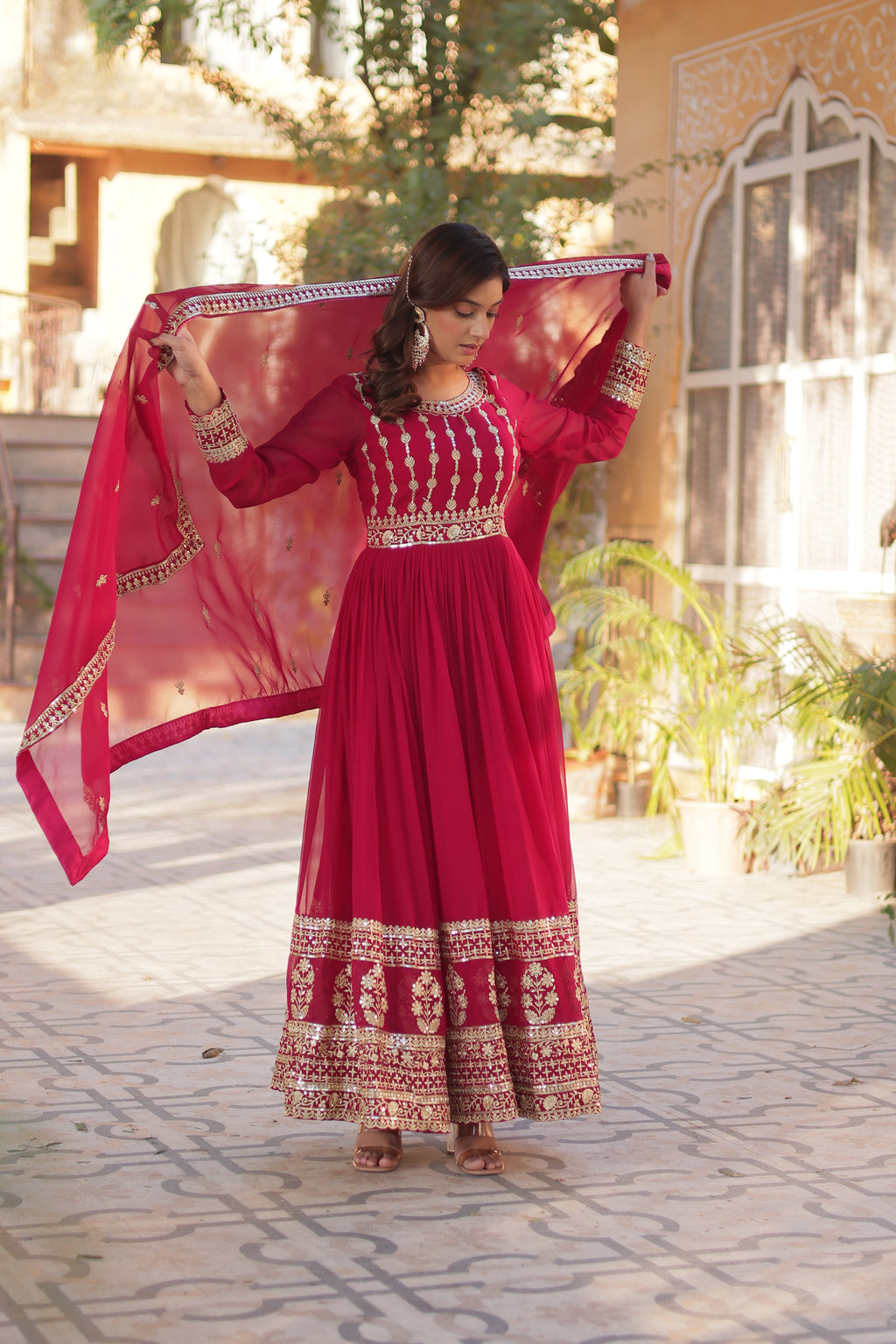 Pink Georgette Embroidery Maxi Ethnic Gown