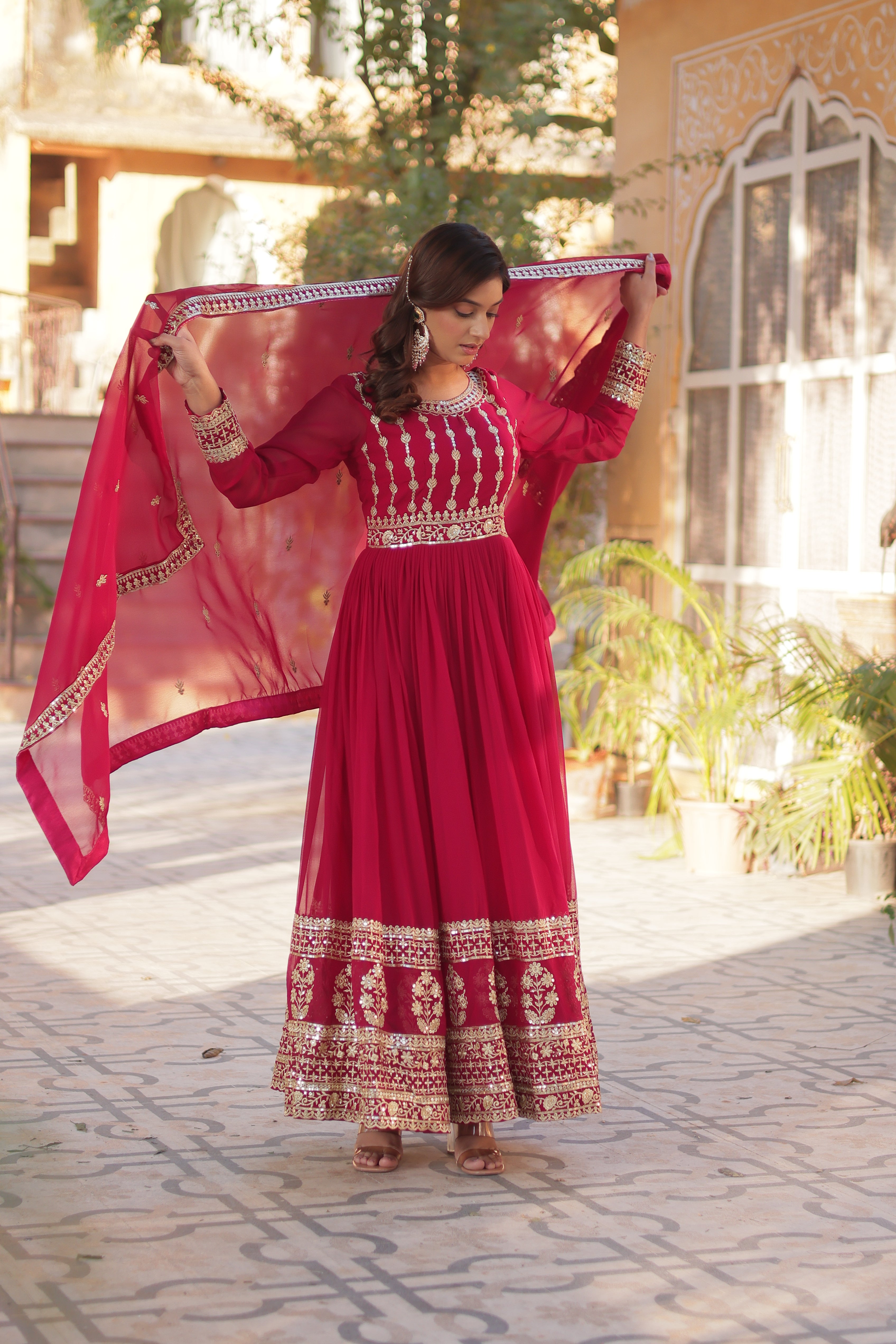 Pink Georgette Embroidery Maxi Ethnic Gown