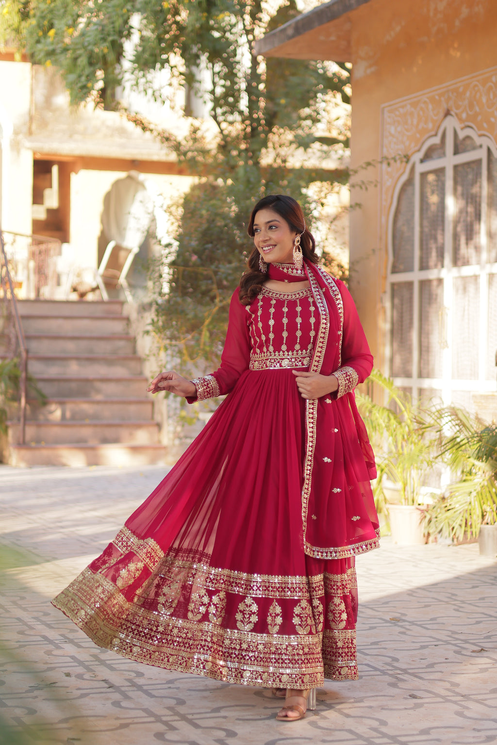 Pink Georgette Embroidery Maxi Ethnic Gown