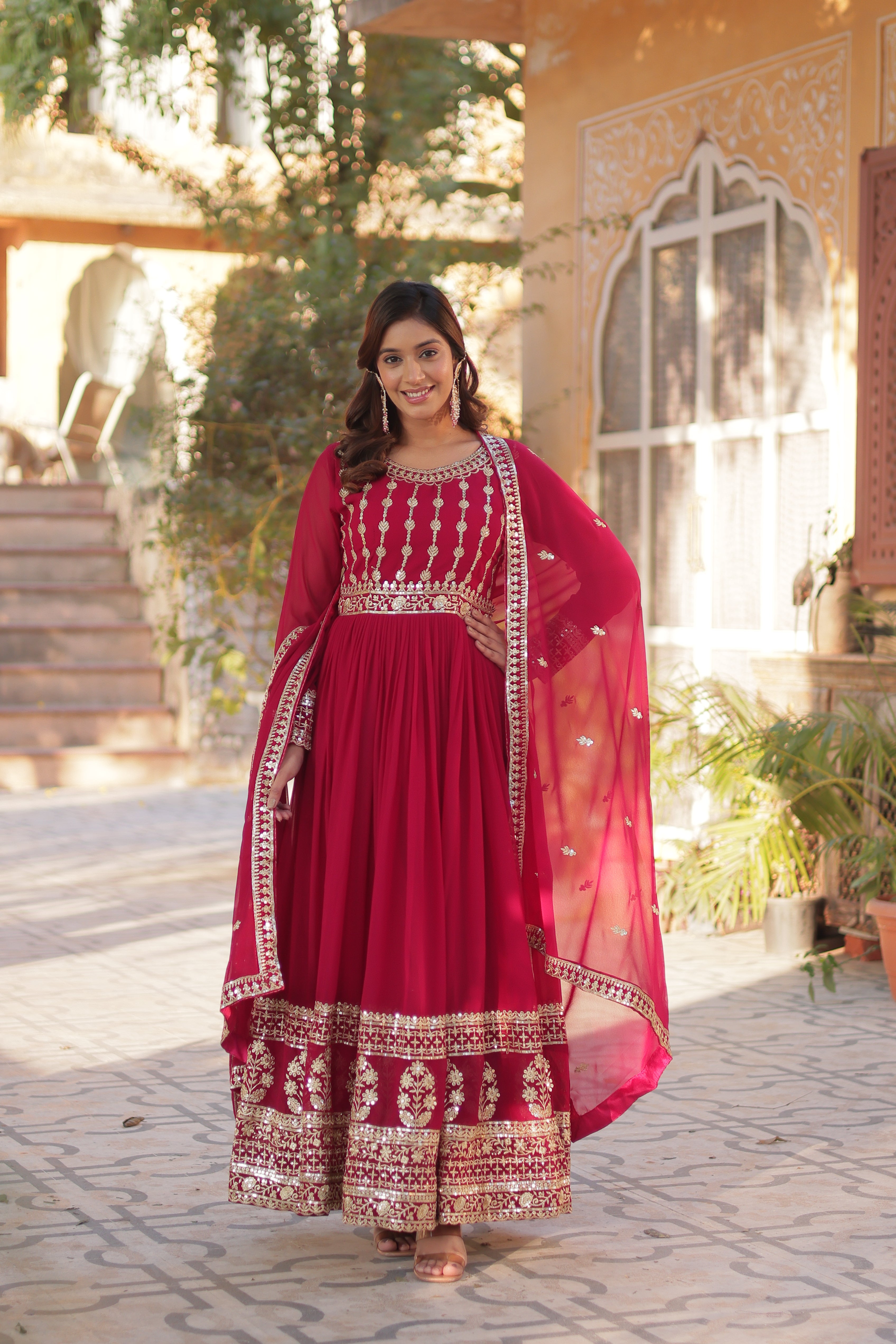 Pink Georgette Embroidery Maxi Ethnic Gown