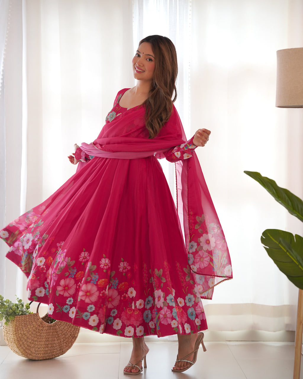 Pink Organza Anarkali Set main