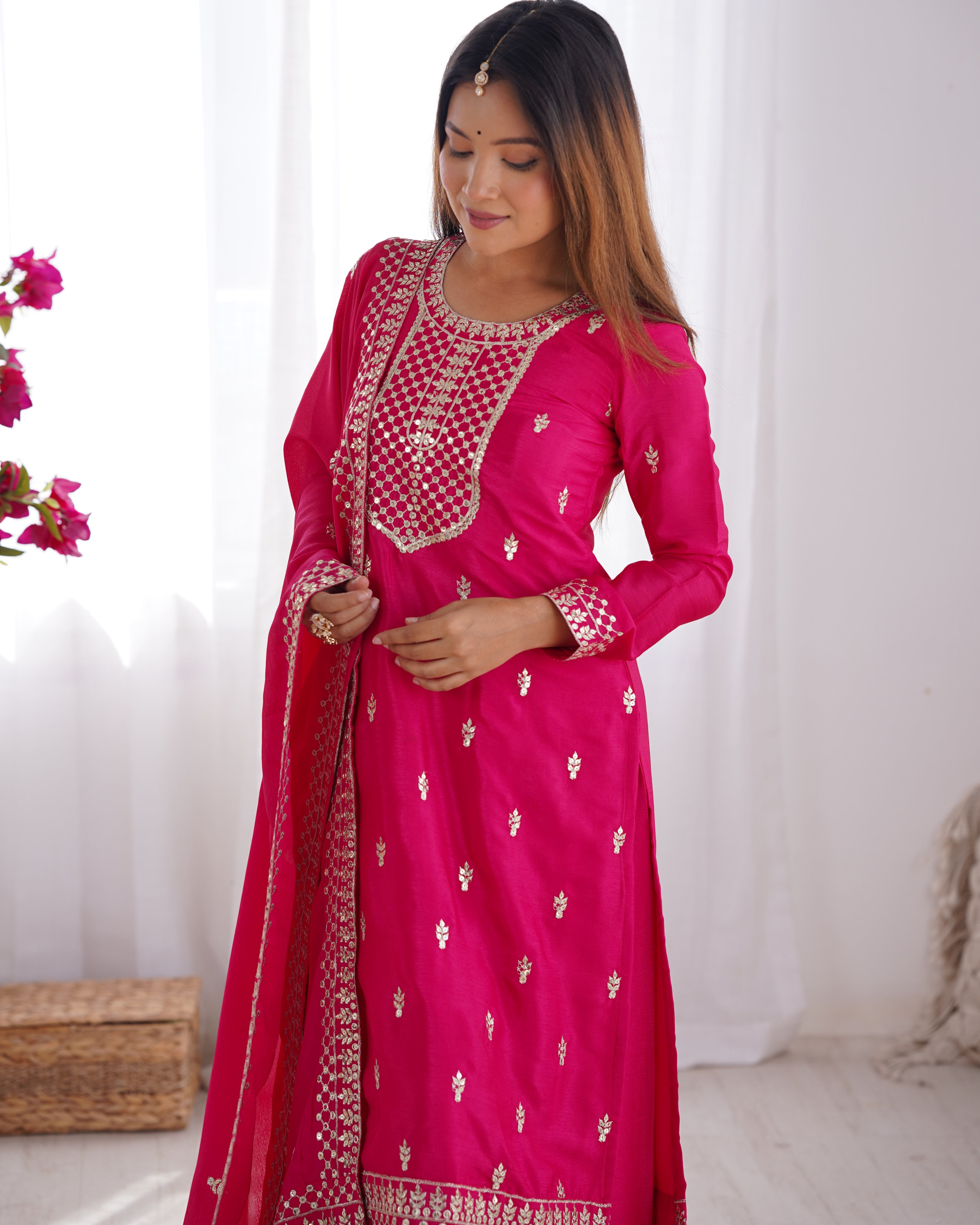 Pink Silk Embroidered Kurta Set