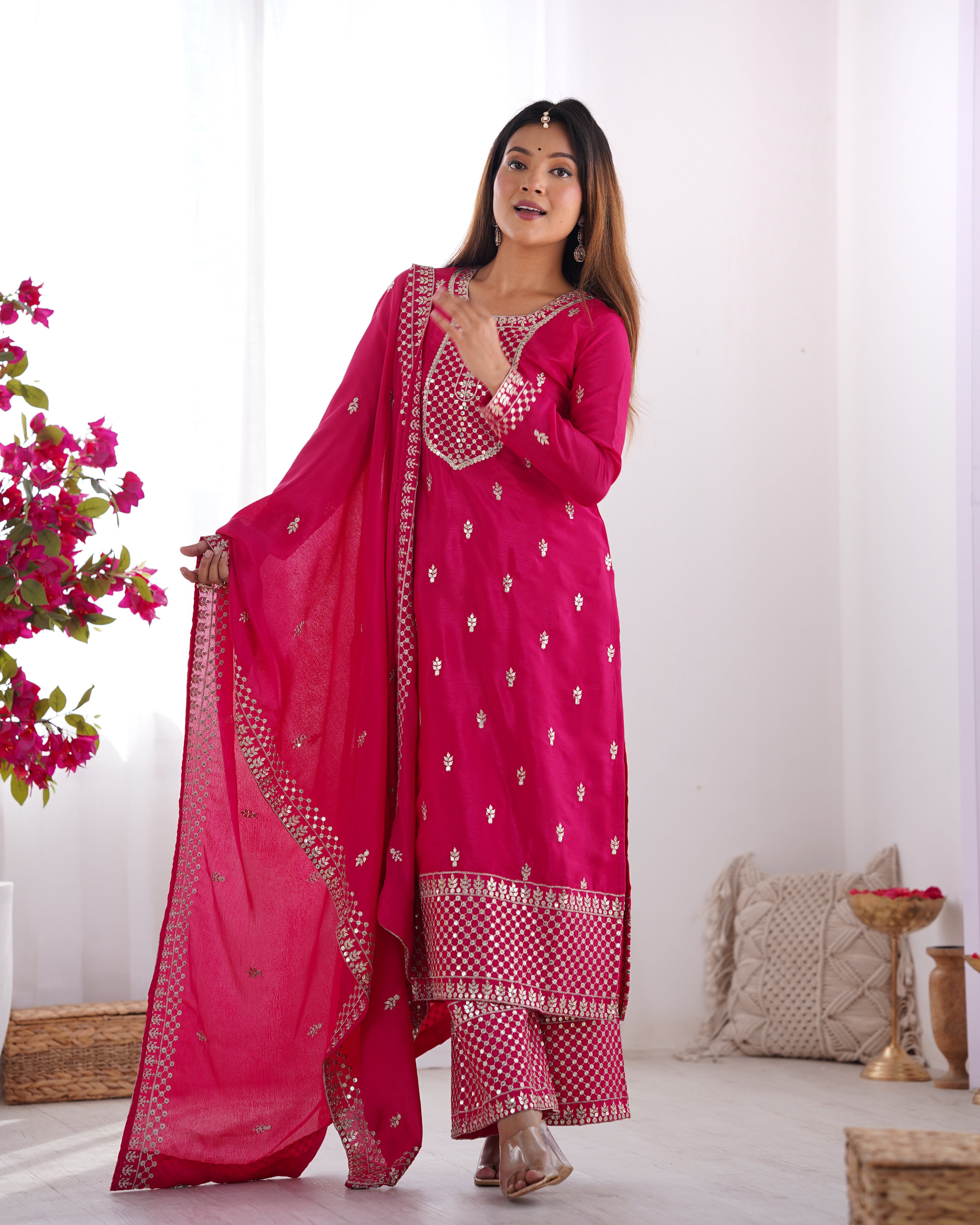 Pink Silk Embroidered Kurta Set