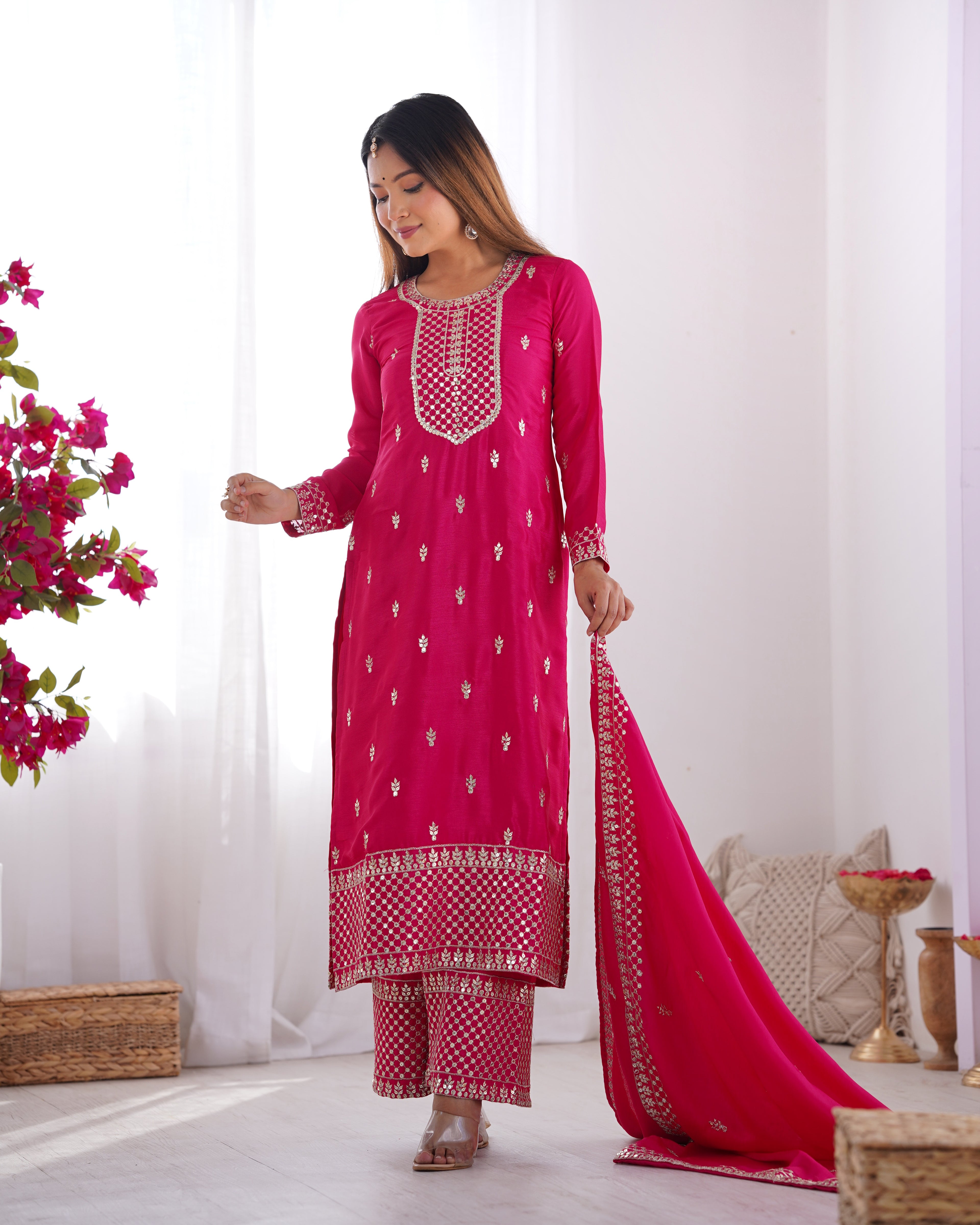 Pink Silk Embroidered Kurta Set