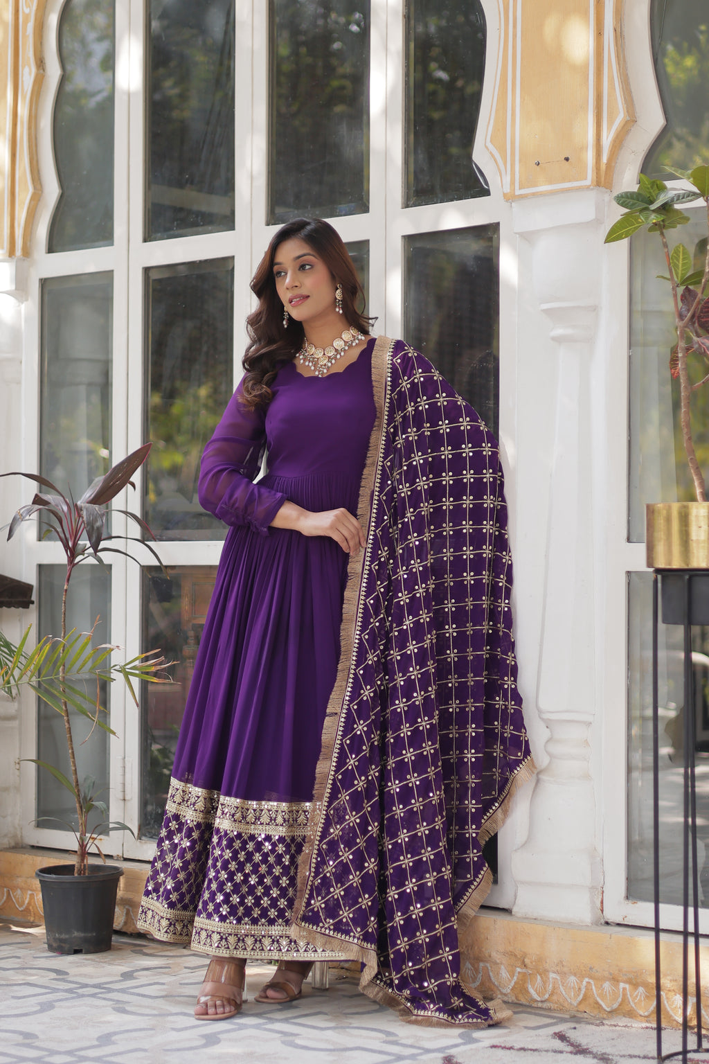 Purple Georgette Embroidered Full Sleeves Gown With Dupatta