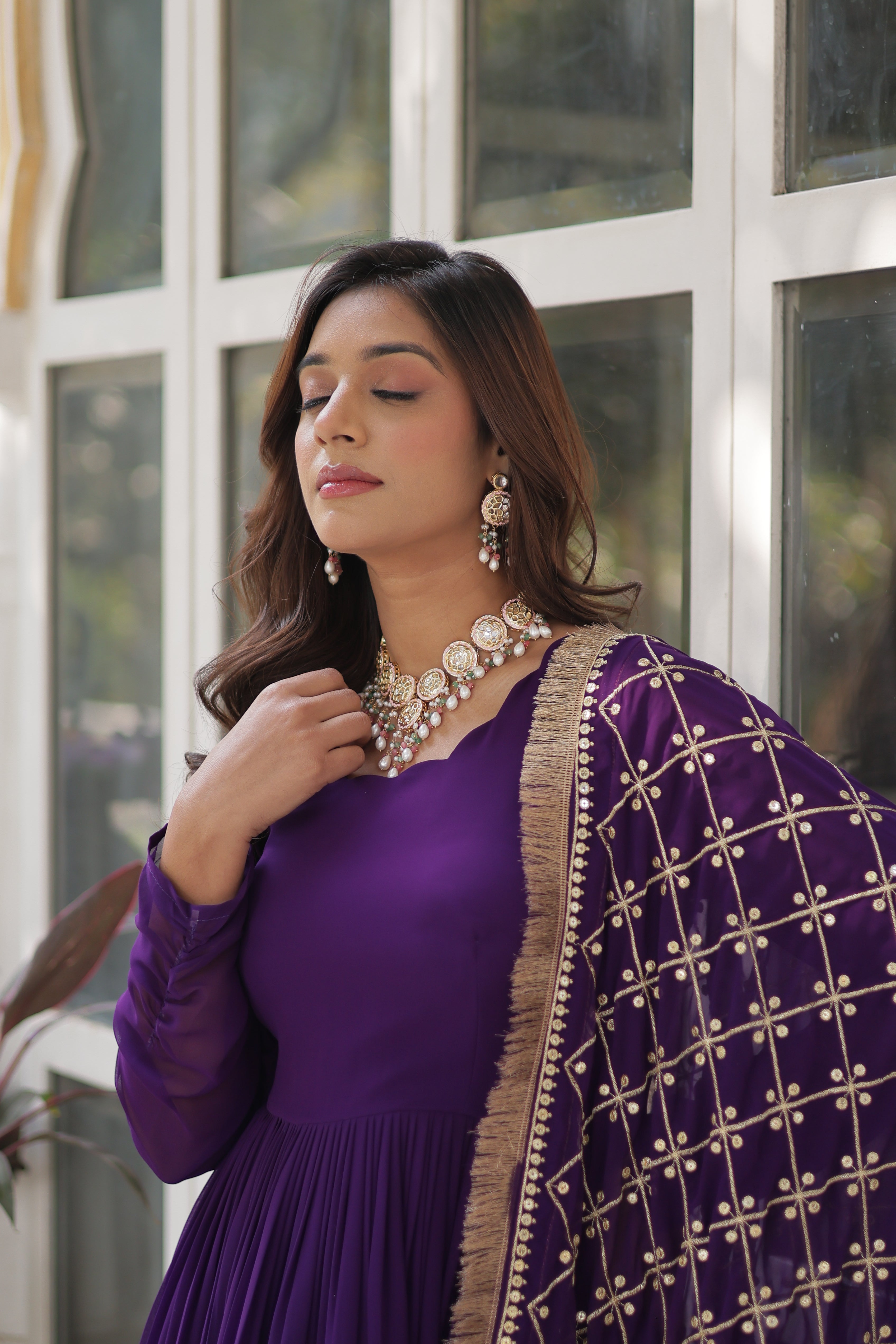 Purple Georgette Embroidered Full Sleeves Gown With Dupatta