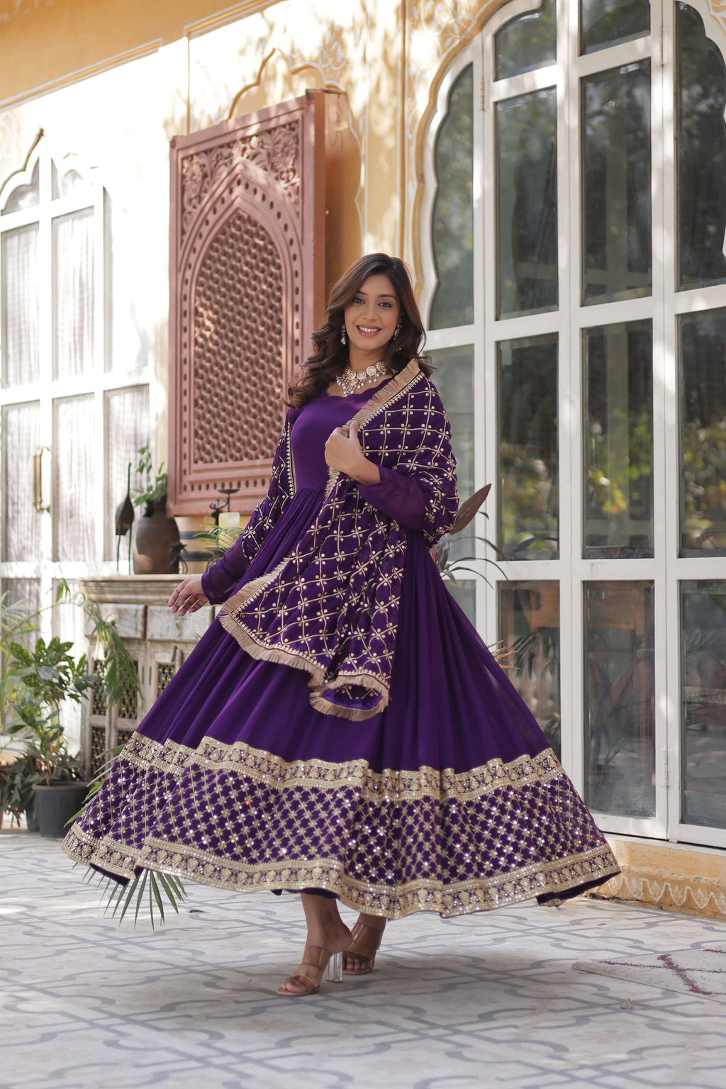 Purple Georgette Embroidered Full Sleeves Gown With Dupatta