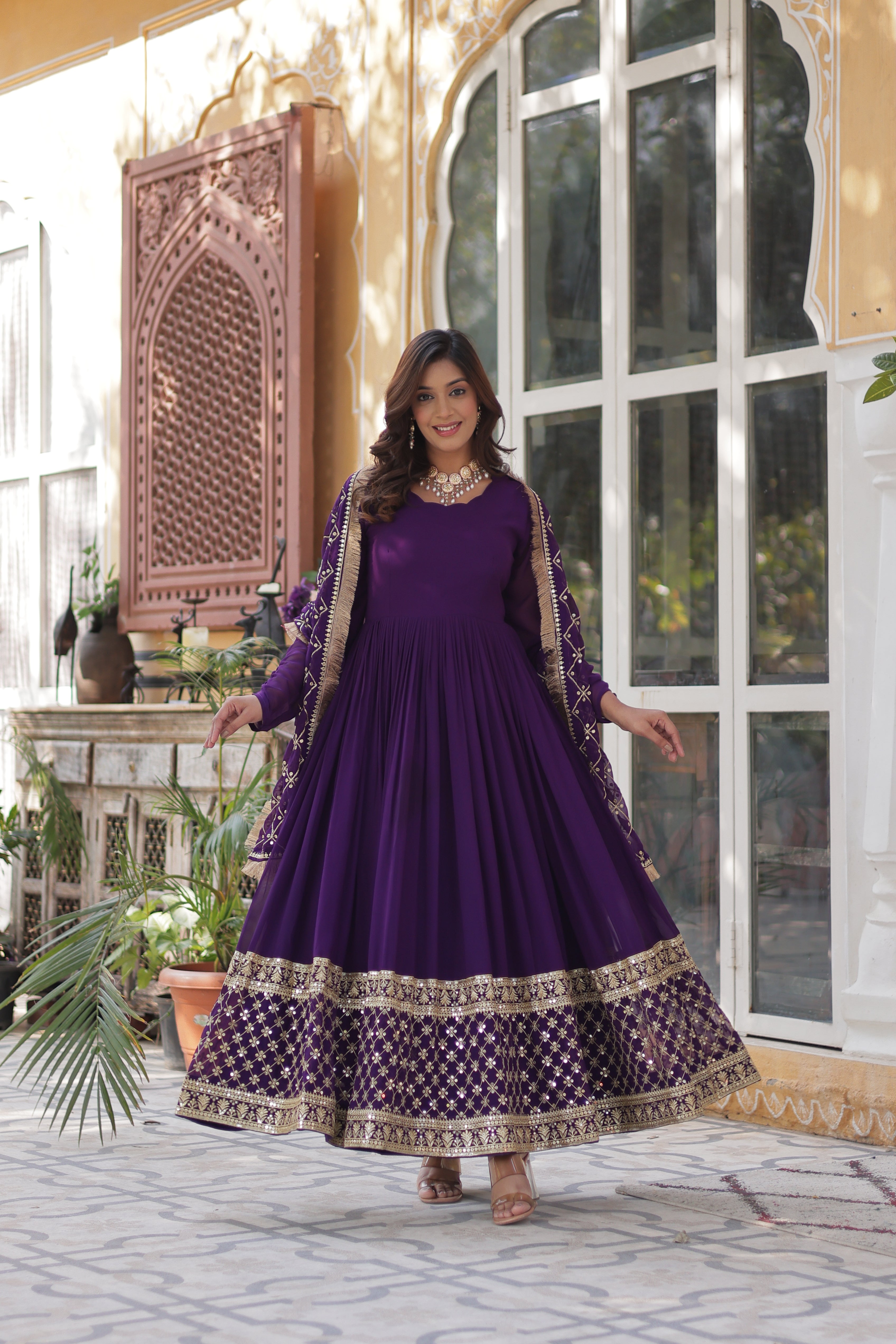 Purple Georgette Embroidered Full Sleeves Gown With Dupatta