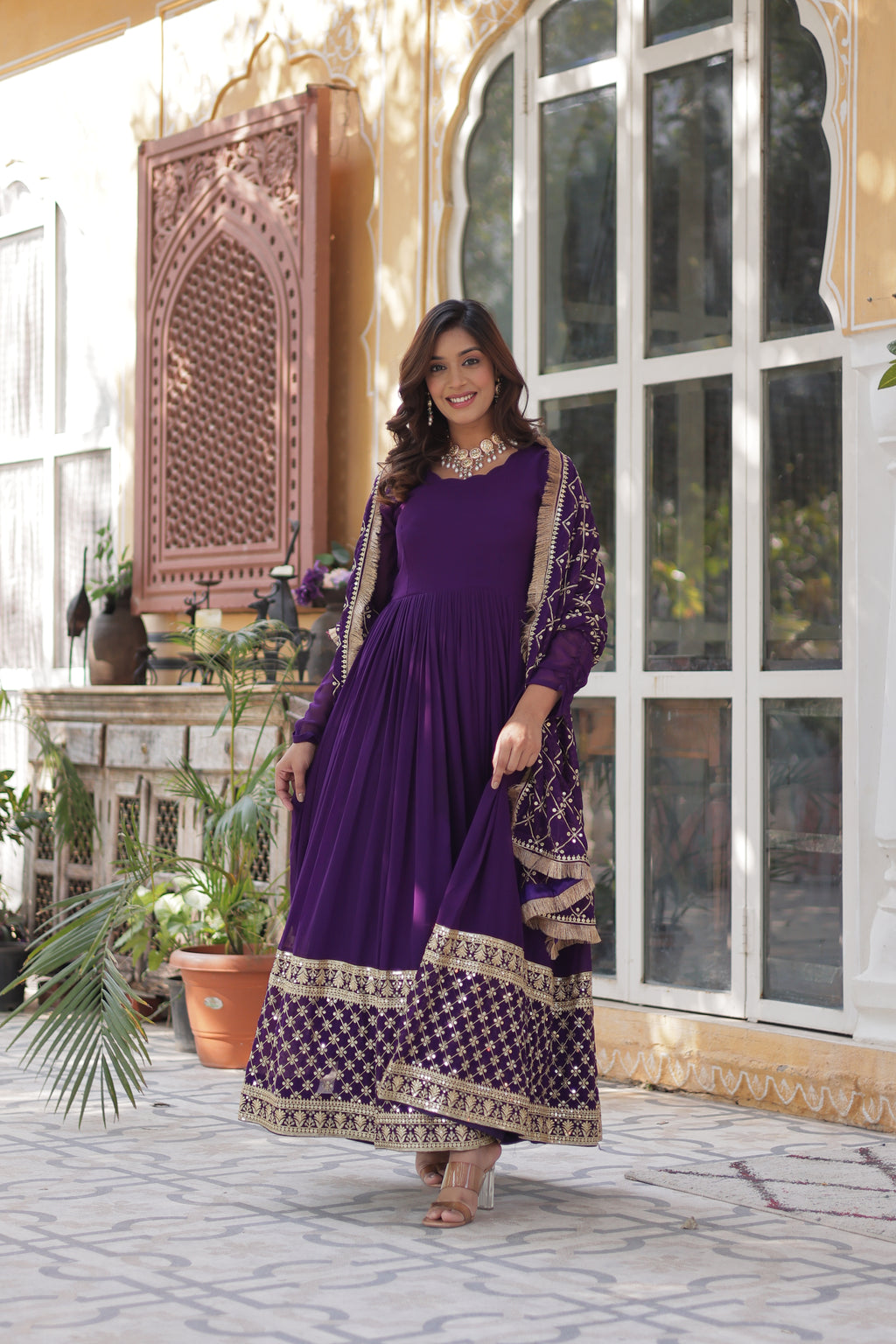 Purple Georgette Embroidered Full Sleeves Gown With Dupatta