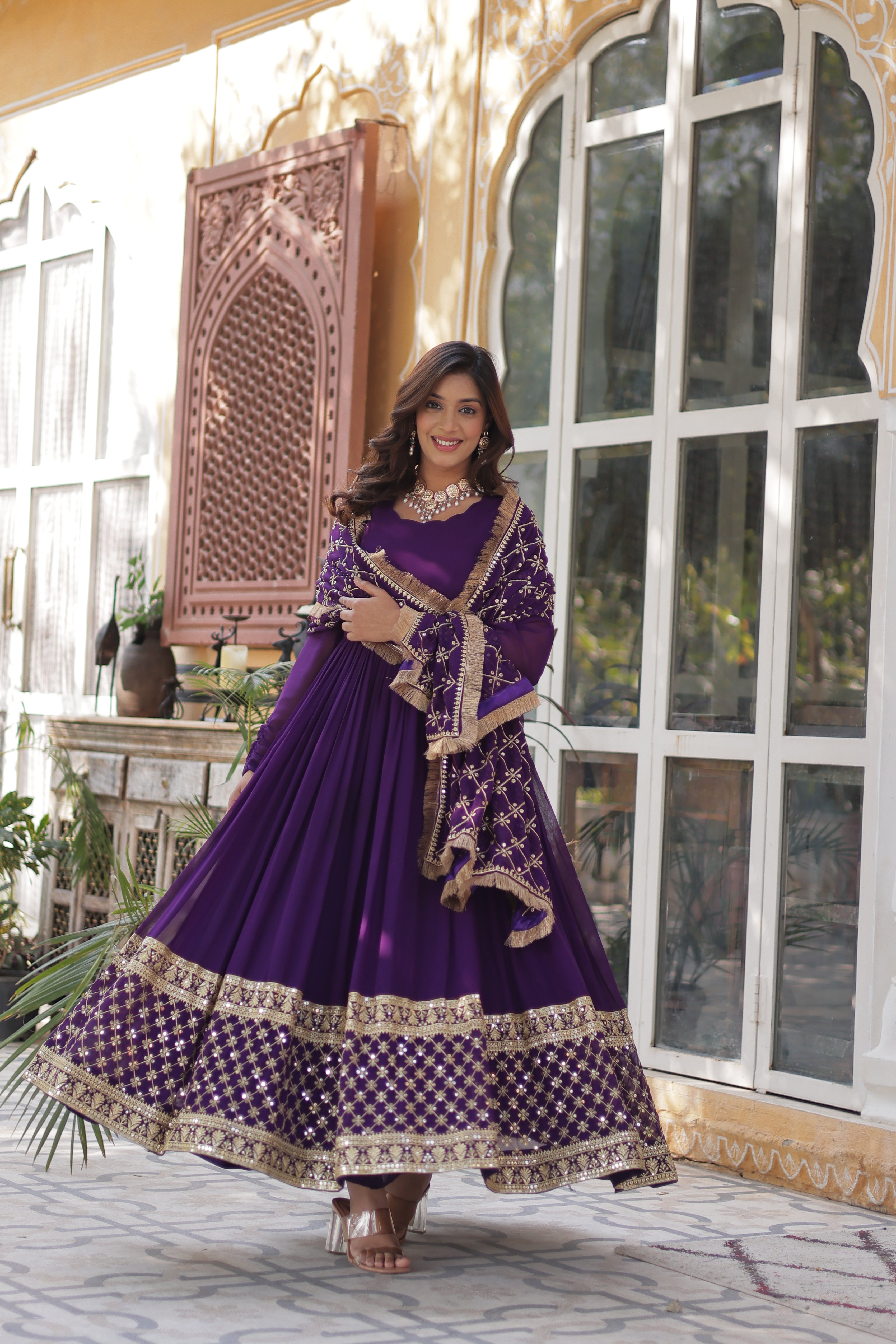 Purple Georgette Embroidered Full Sleeves Gown With Dupatta