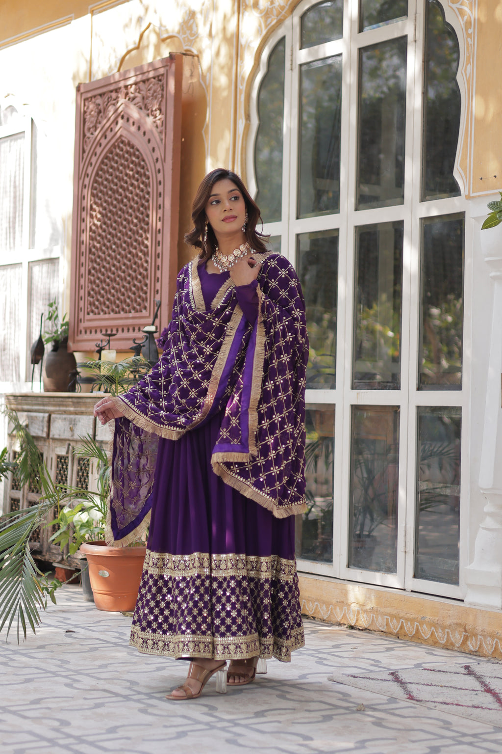 Purple Georgette Embroidered Full Sleeves Gown With Dupatta