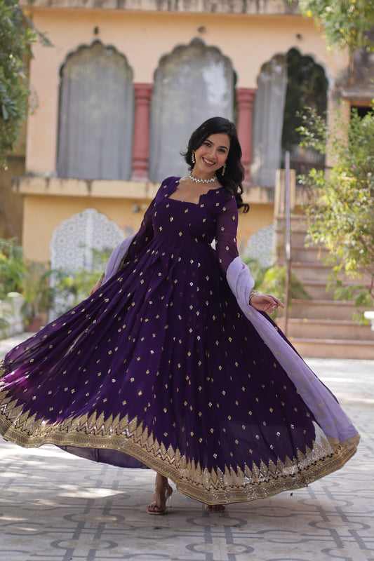 Purple Georgette Embroidered Work Gown With Dupatta