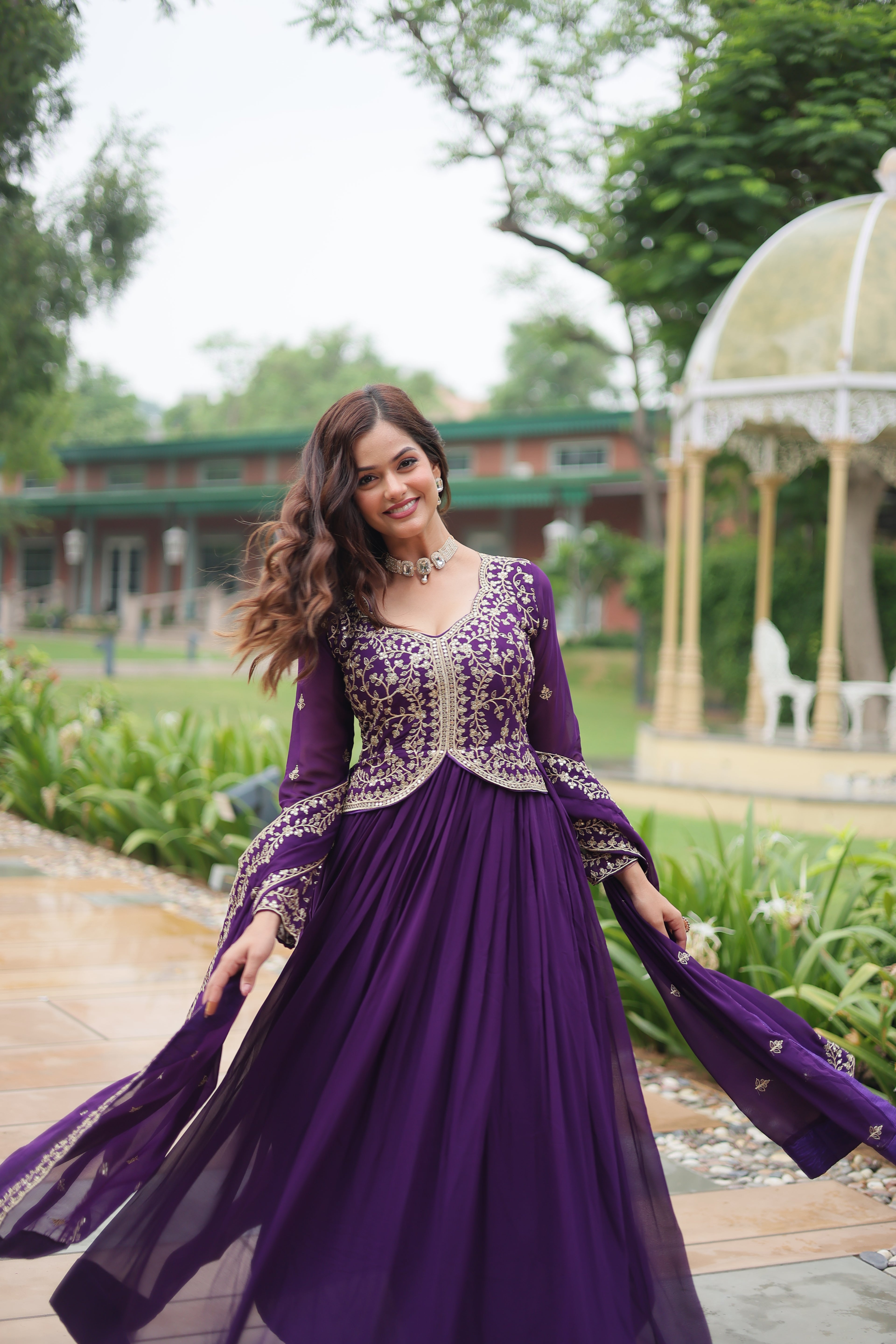 Purple georgette gown with dupatta 