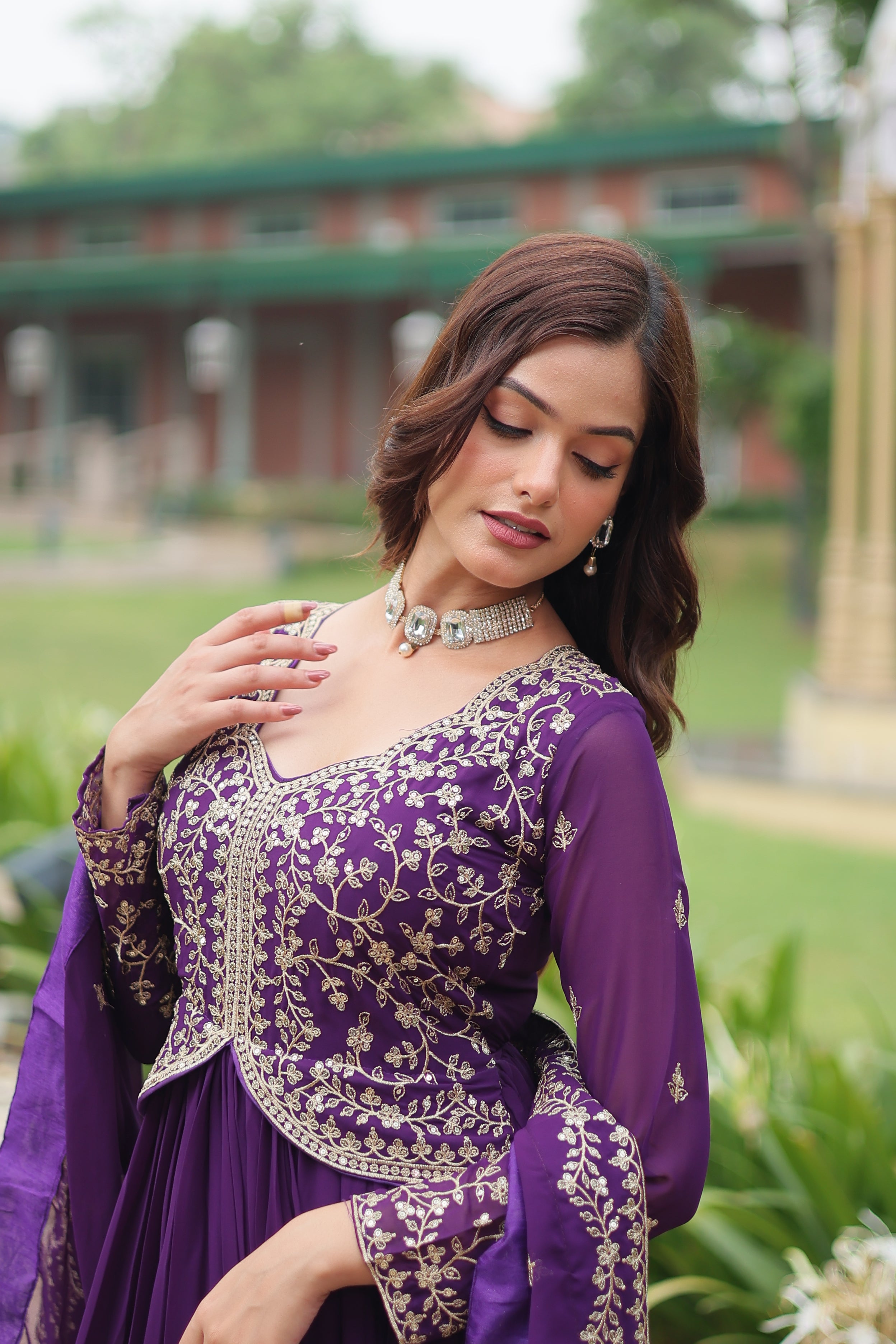 Purple georgette gown with dupatta 