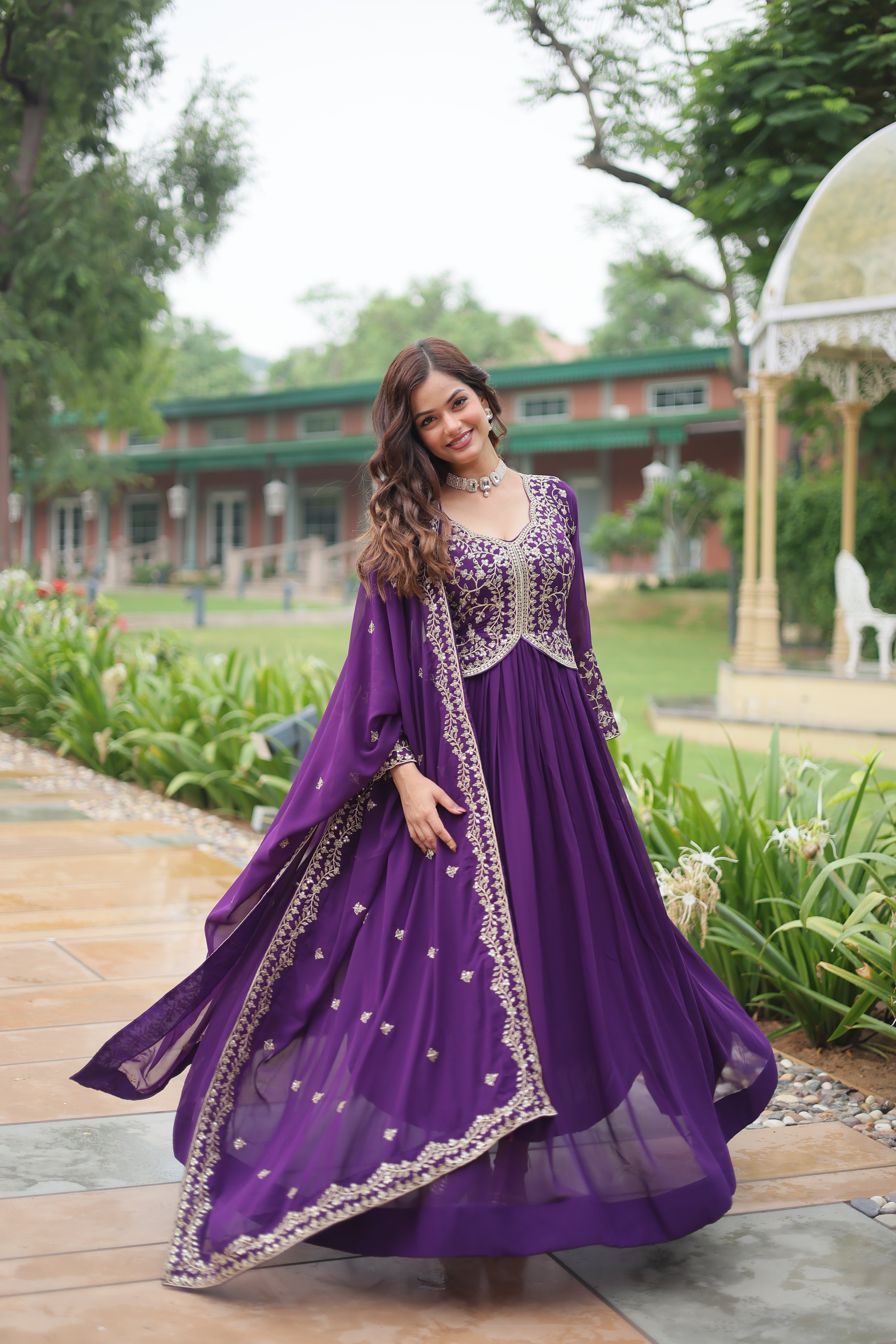 Purple georgette gown with dupatta 