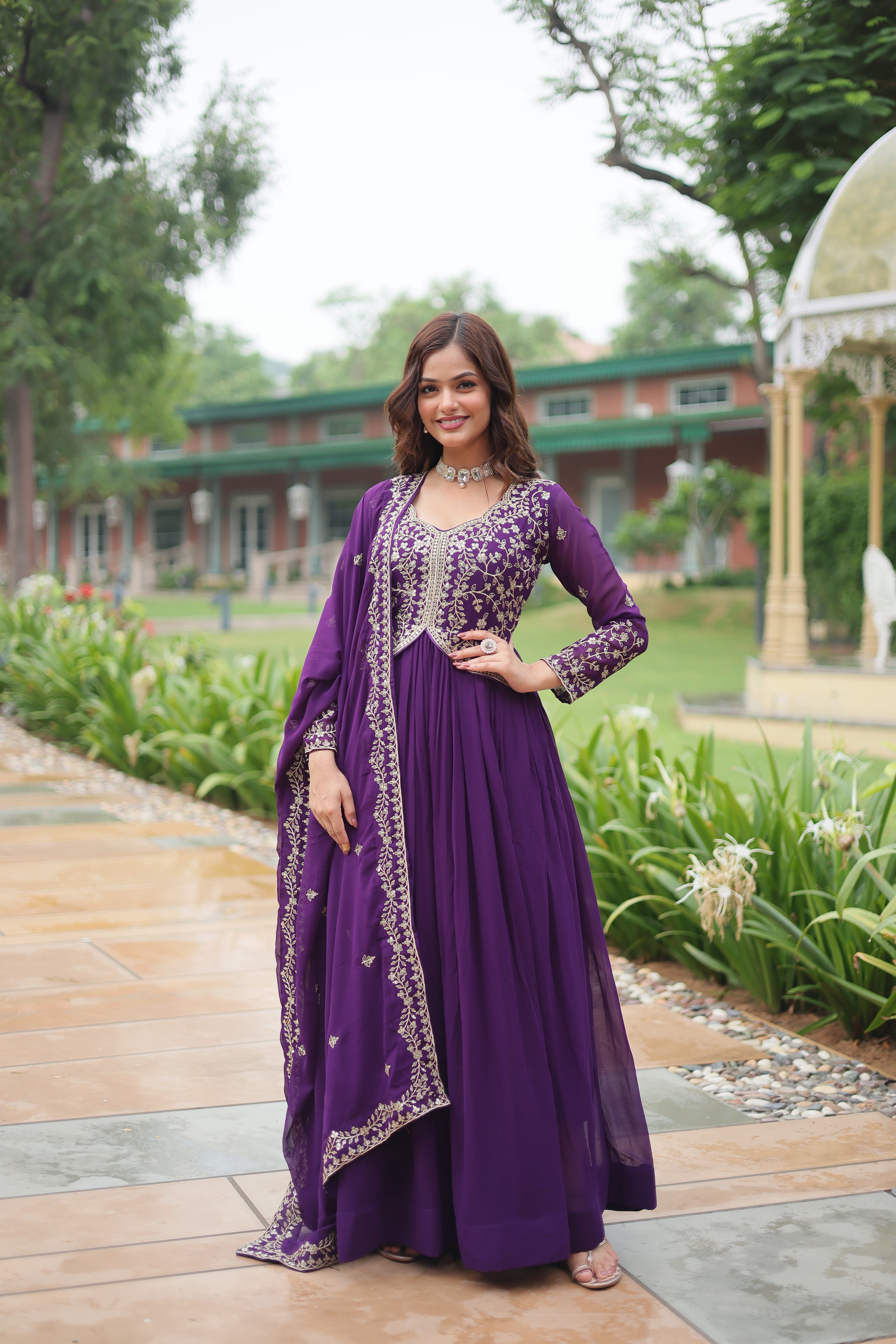 Purple georgette gown with dupatta main