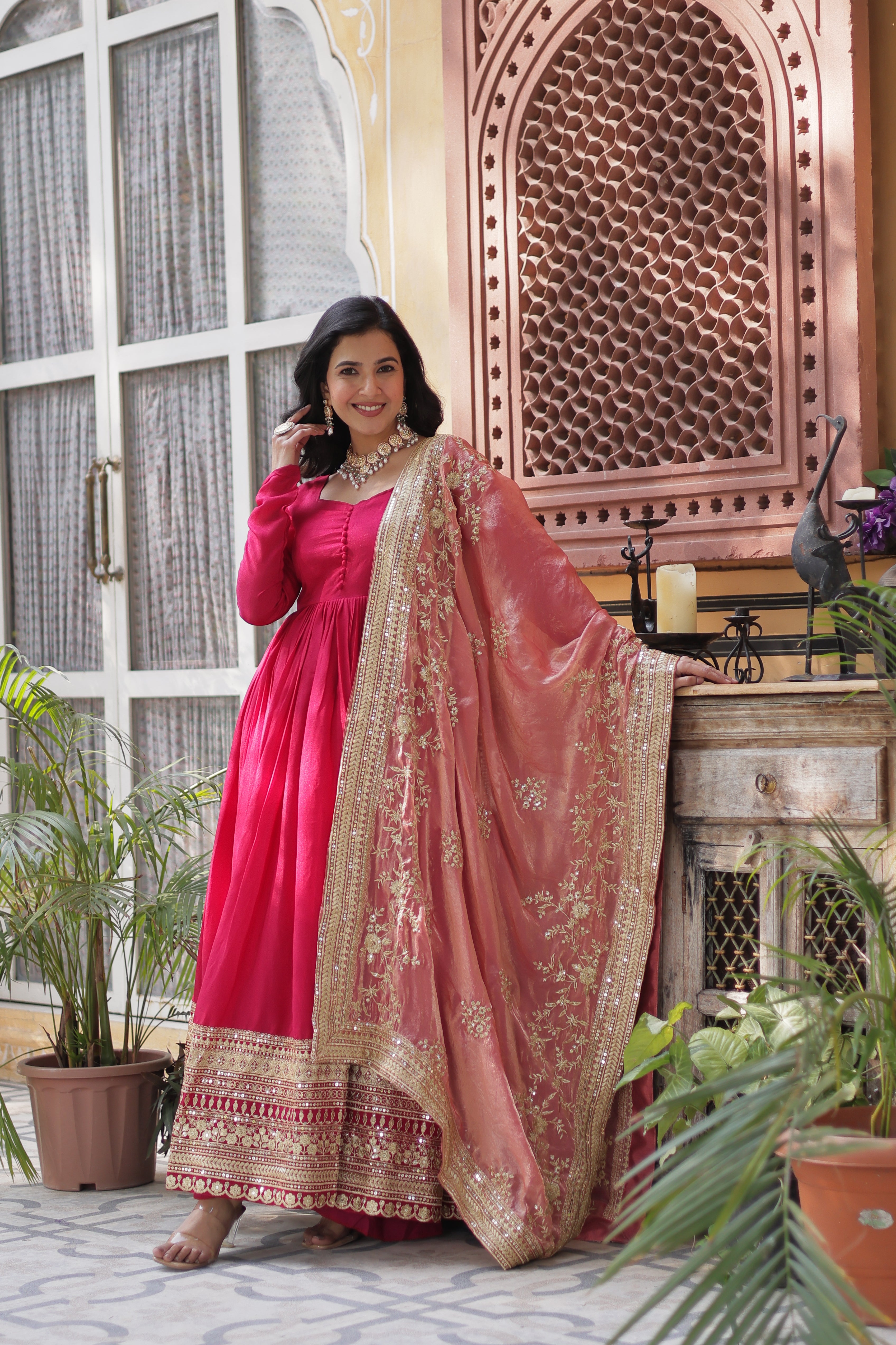 Red Anarkali Gown With Dupatta