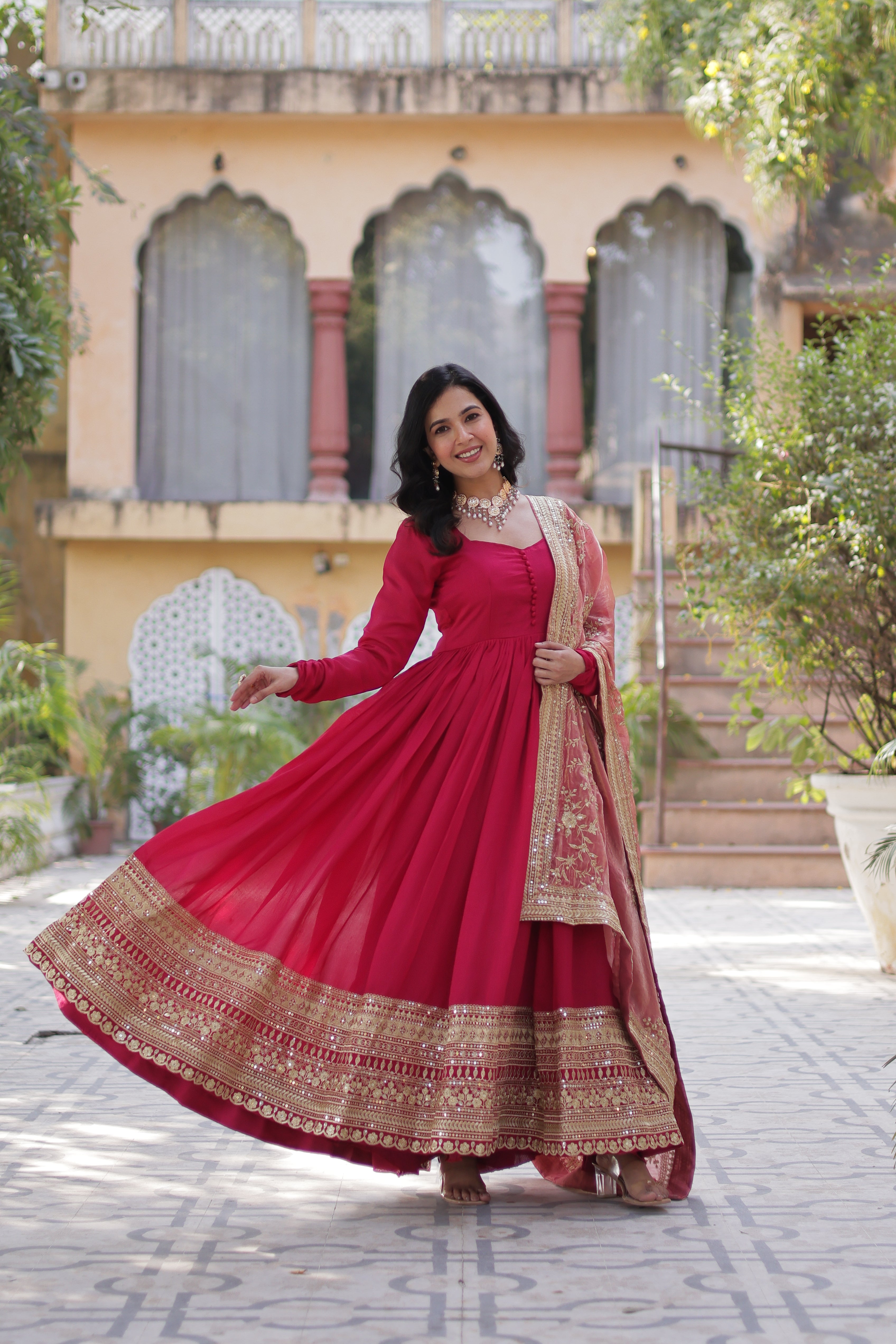 Red Anarkali Gown With Dupatta